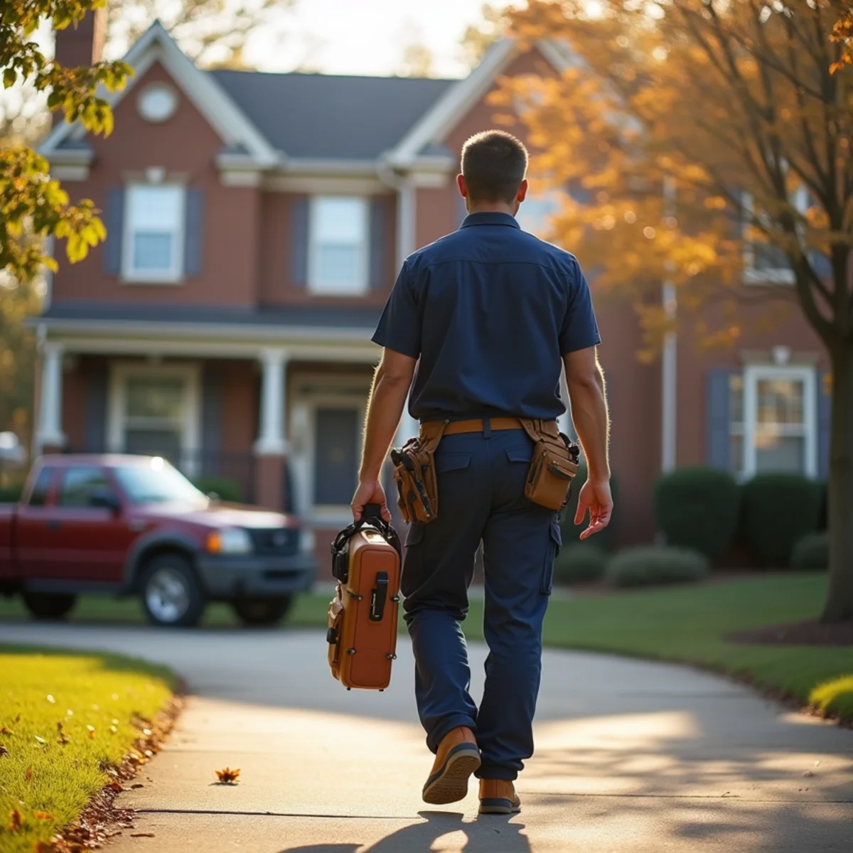 HVAC technician walking up the driveway of a two-story home in Kennesaw, GA with a tool bag