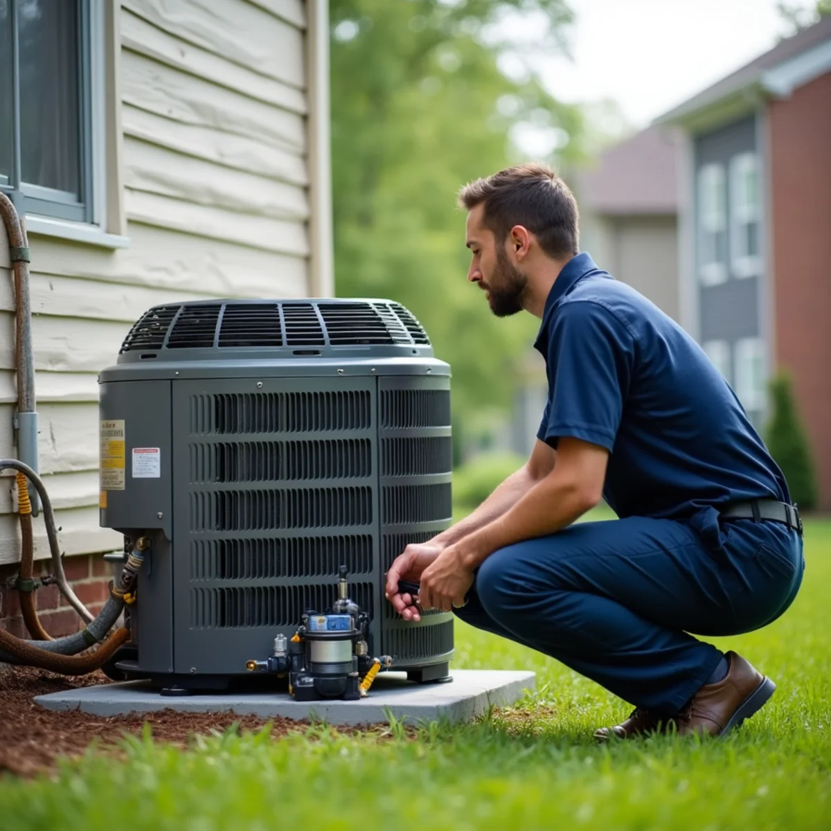 Technician evacuating a new AC line set with a vacuum pump during installation in Kennesaw, GA