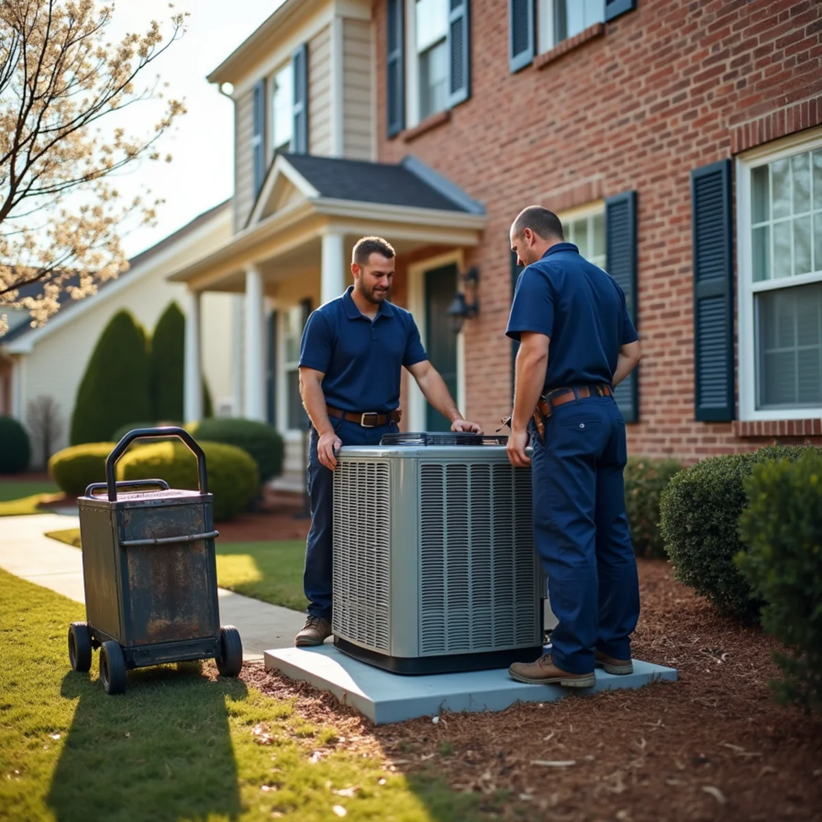 New outdoor AC condenser being set on a pad beside a two-story home in Kennesaw, GA