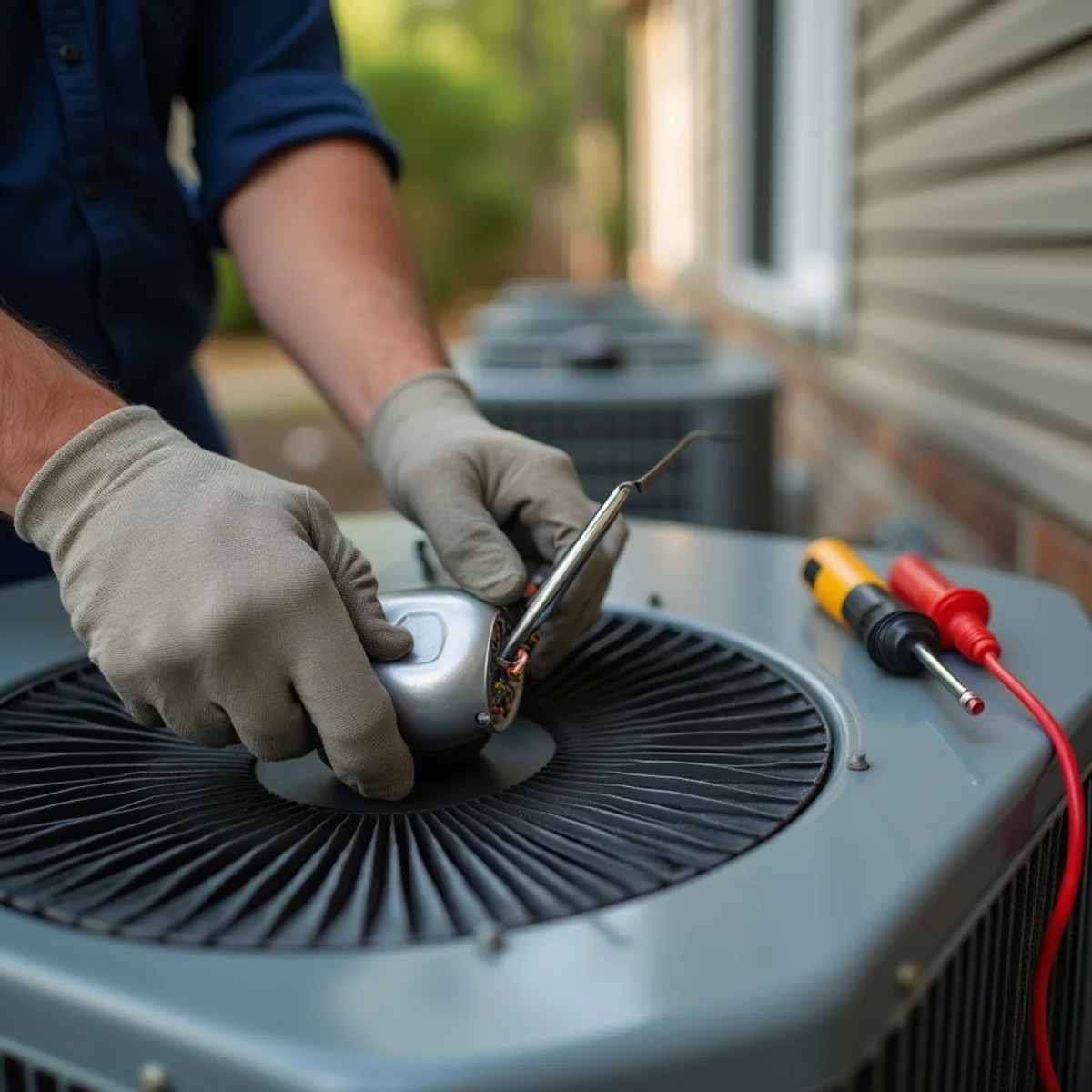 Technician's gloved hands working on an outdoor AC unit during a capacitor repair in Kennesaw, GA