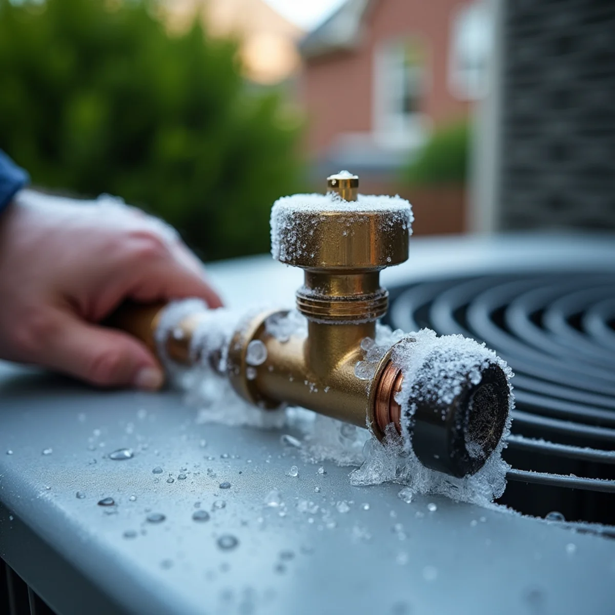 Frost on the refrigerant suction line, a sign of a frozen evaporator coil, at a Kennesaw, GA home