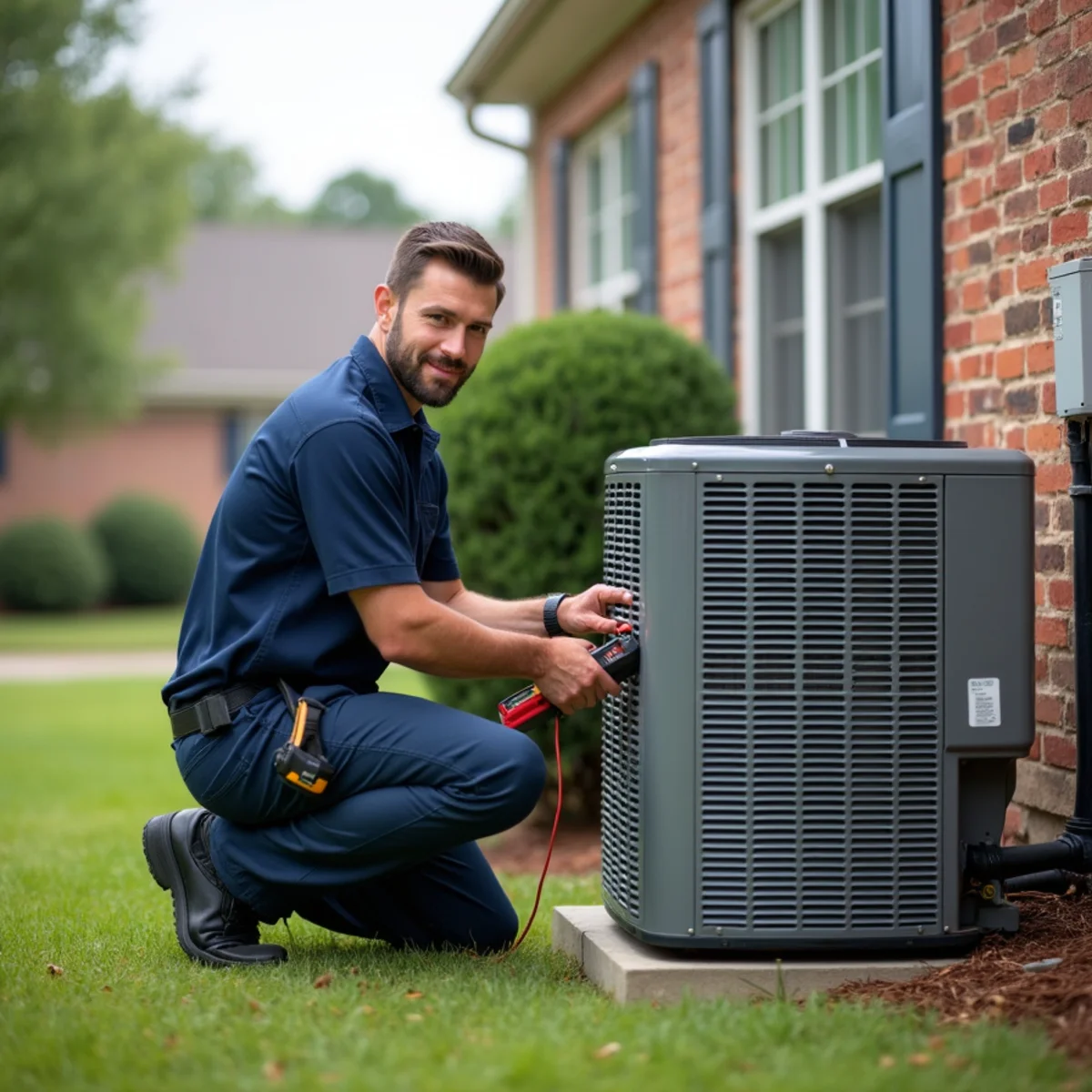 HVAC technician testing an outdoor AC condenser beside a two-story home in Kennesaw, GA