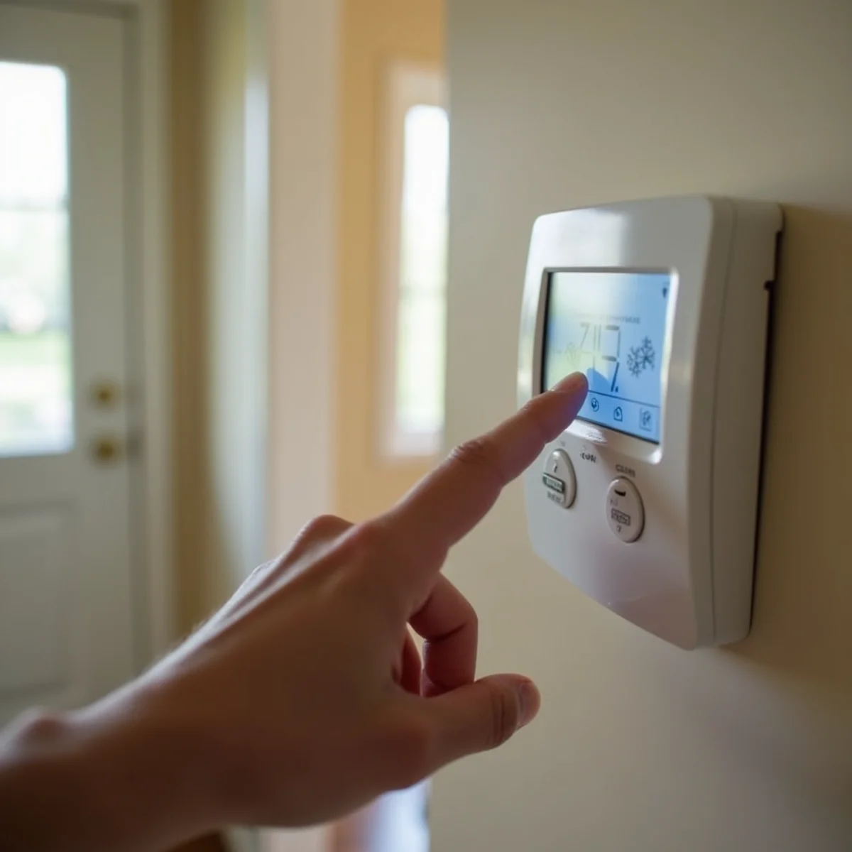 Setting a hallway thermostat to Cool mode in a two-story Kennesaw home
