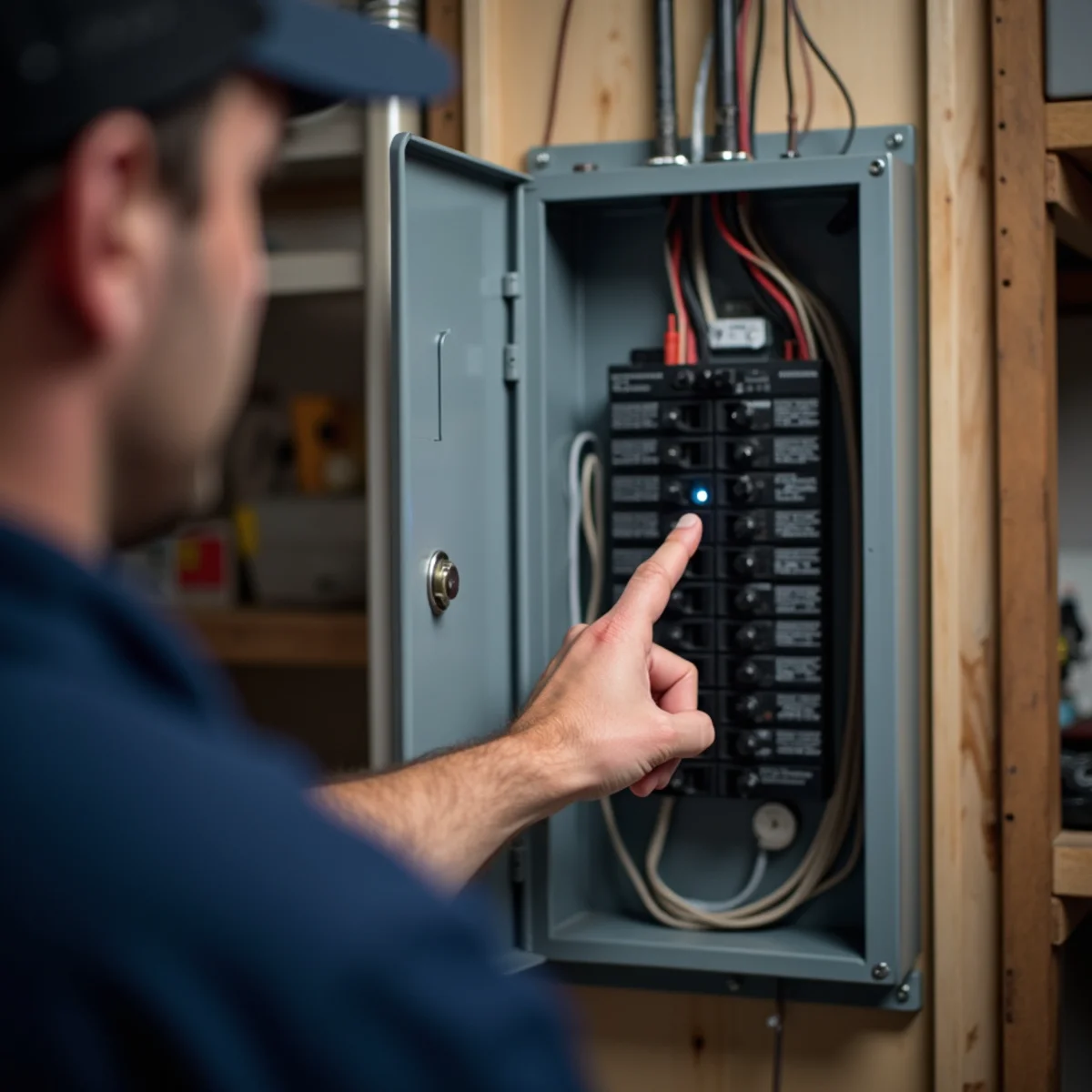 Homeowner finding a tripped AC breaker in a garage breaker box in Kennesaw, GA
