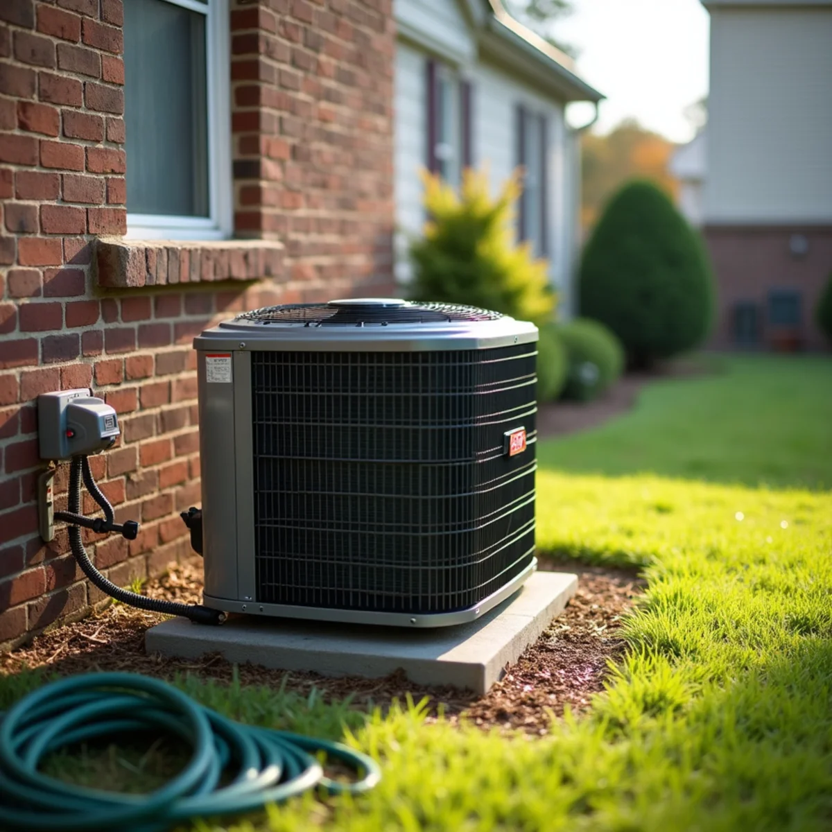 Outdoor AC condenser with grass clippings against the coil beside an Acworth, GA home