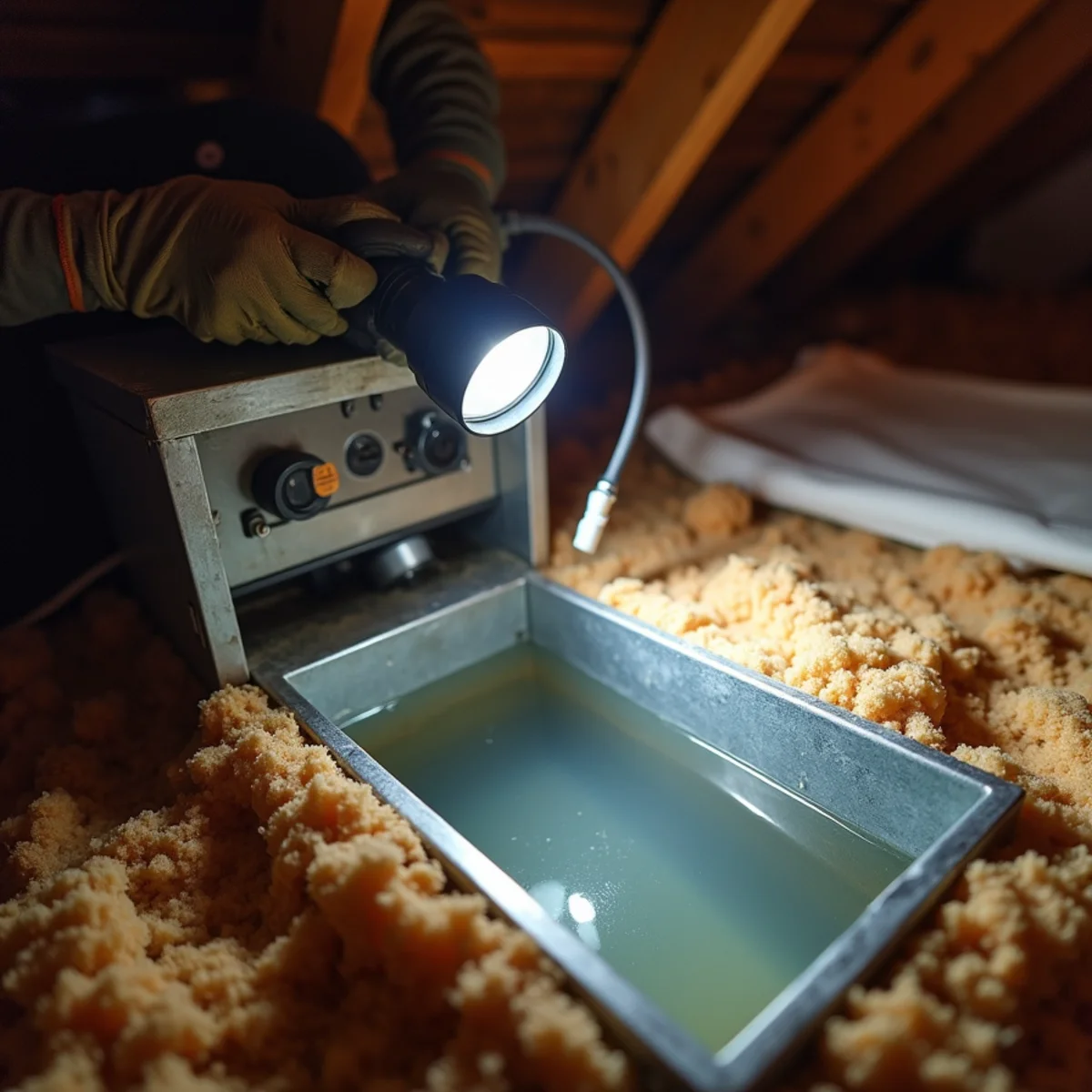 Attic air handler drain pan with standing water and a float switch in a Kennesaw home