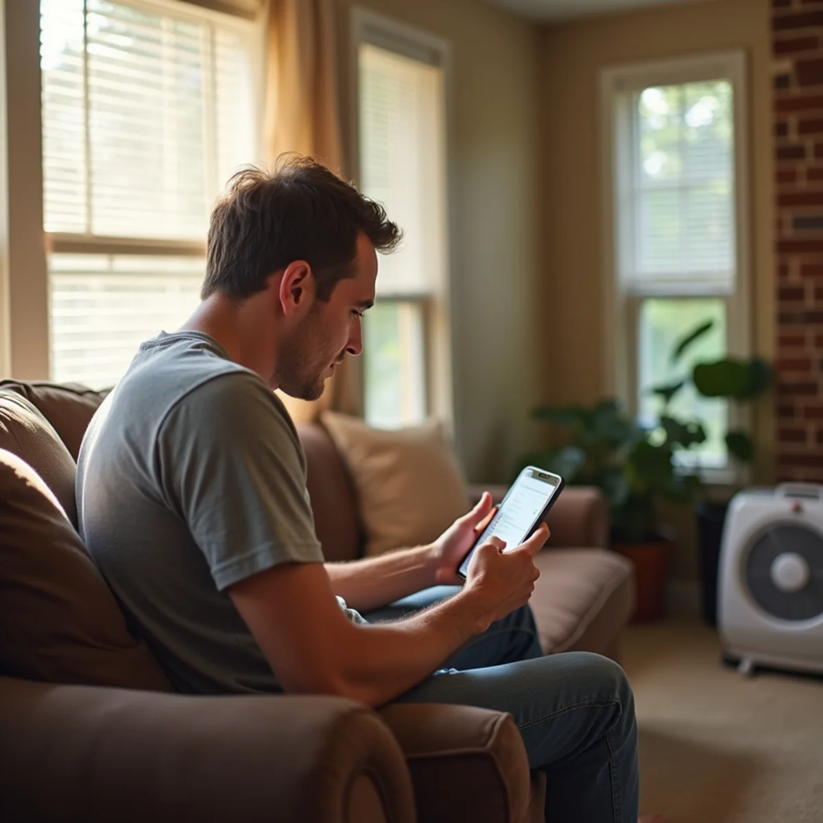 Kennesaw, GA homeowner working through AC not cooling checks in a warm living room on a July afternoon