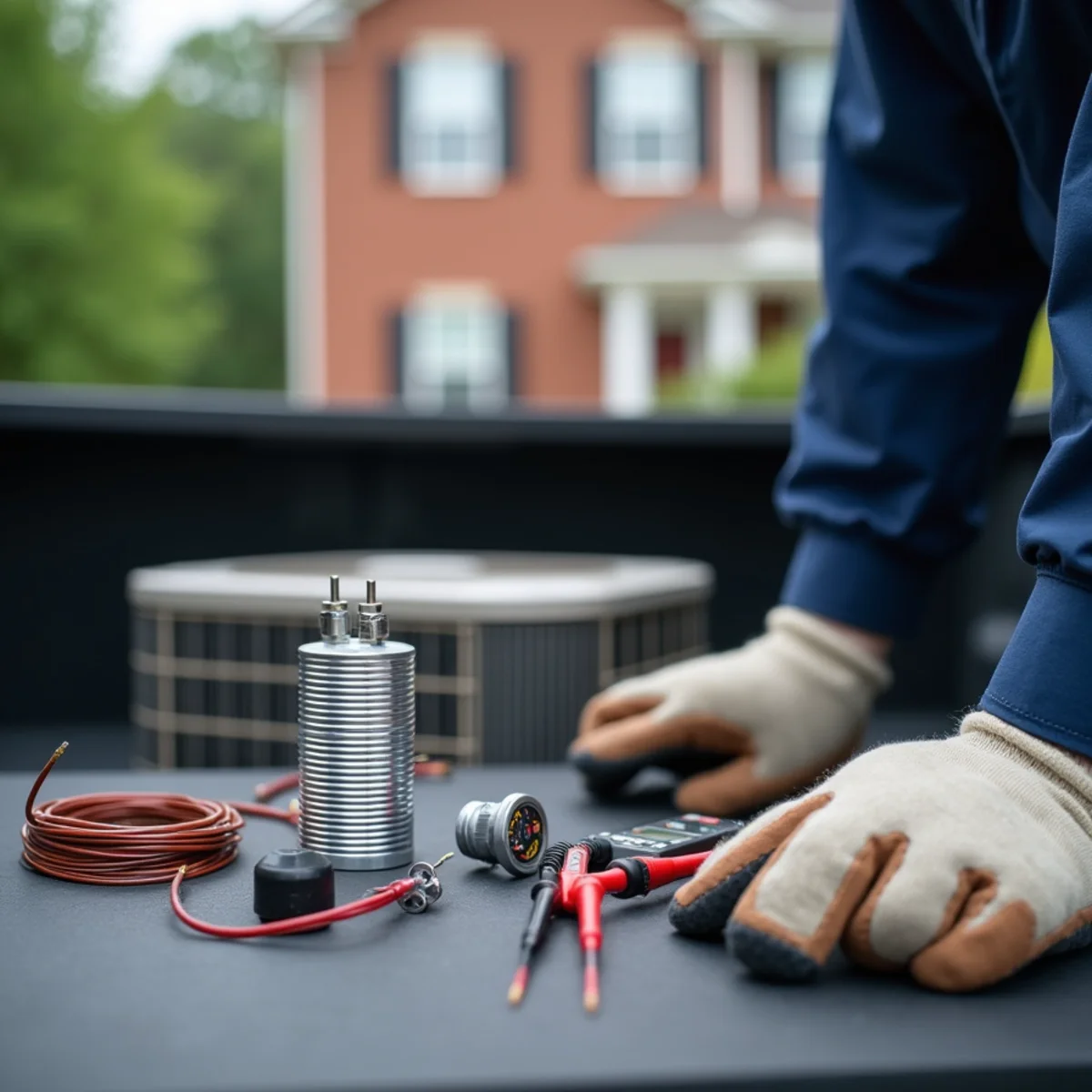 Replacement AC capacitor and contactor laid out on a workbench before a repair in Kennesaw, GA