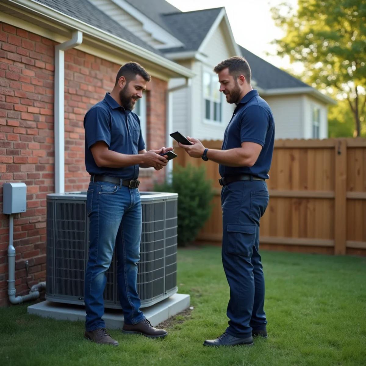 Two HVAC technicians reviewing a repair estimate beside an outdoor AC unit in Kennesaw, GA