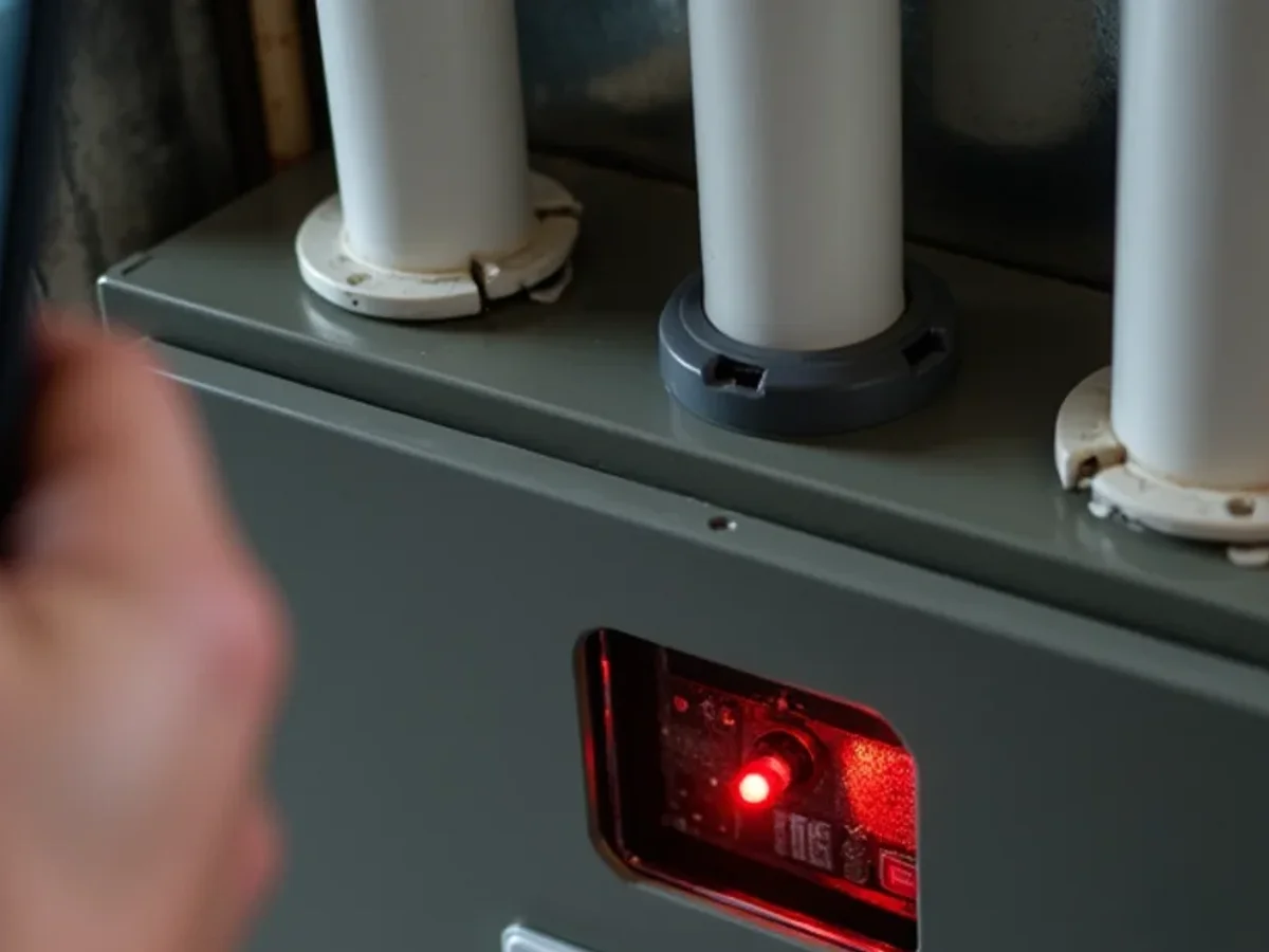 Close view of a gas furnace lower door with a small status light window in a Marietta, GA basement