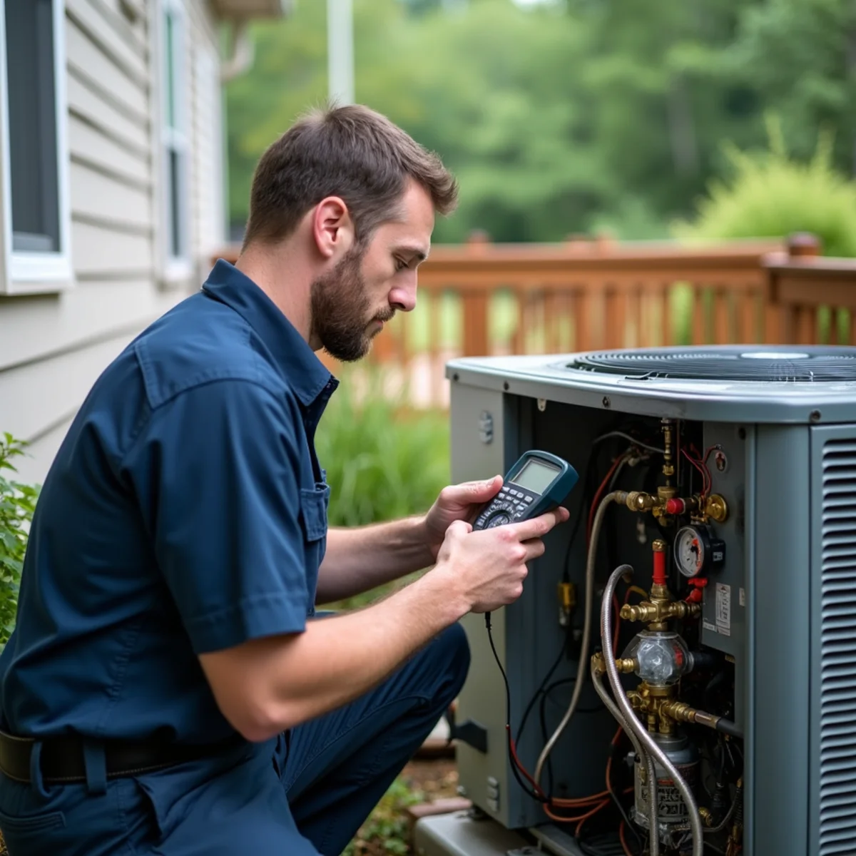 HVAC technician testing an older outdoor AC unit with a multimeter at a home in Dallas, GA