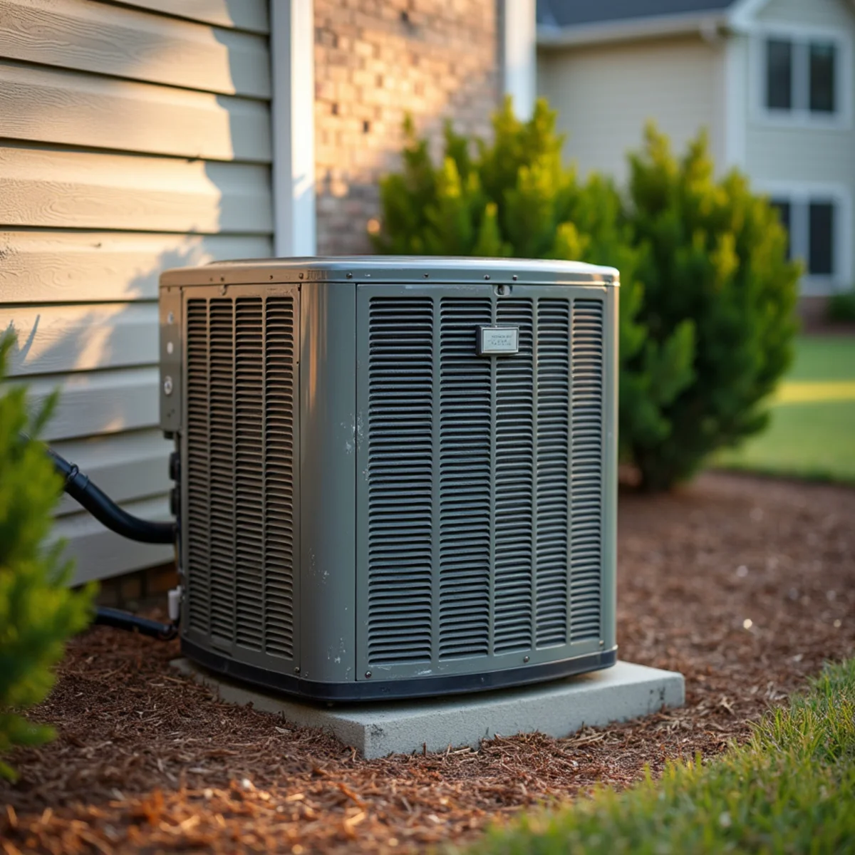 Outdoor AC condenser on a concrete pad beside a two-story home in Canton, GA, facing a repair-or-replace decision