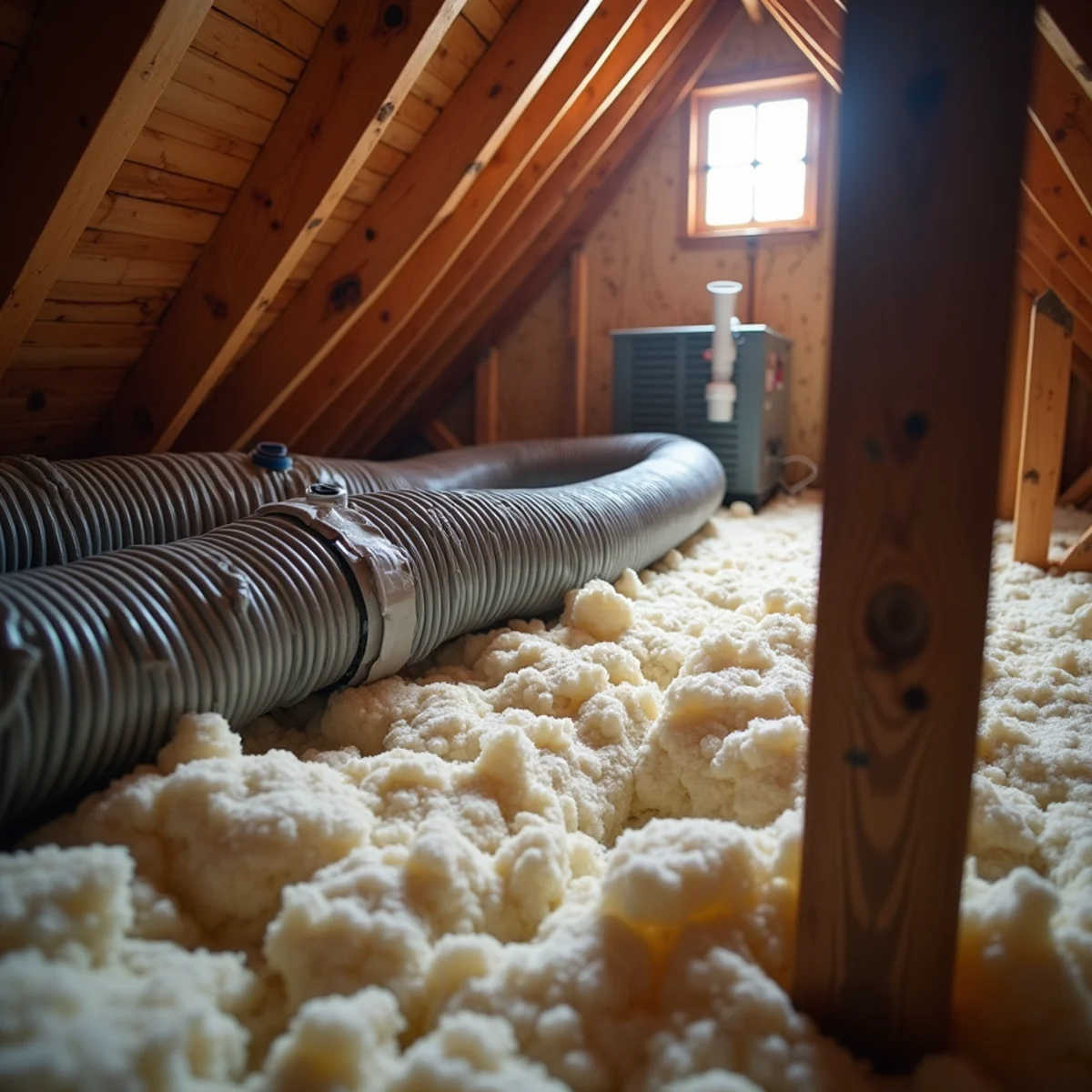 Sagging and disconnected flex duct in the attic of a two-story home in Woodstock, GA