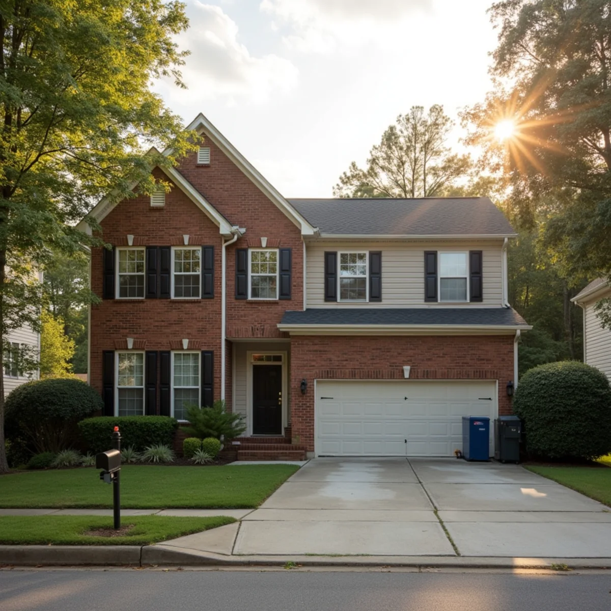 Two-story brick-and-siding home in a Woodstock, GA subdivision under strong afternoon summer sun