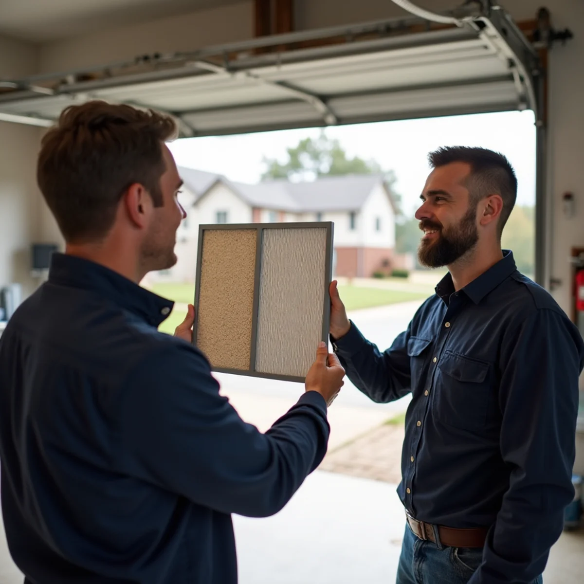 HVAC technician showing a Kennesaw, GA homeowner a dirty air filter in the garage