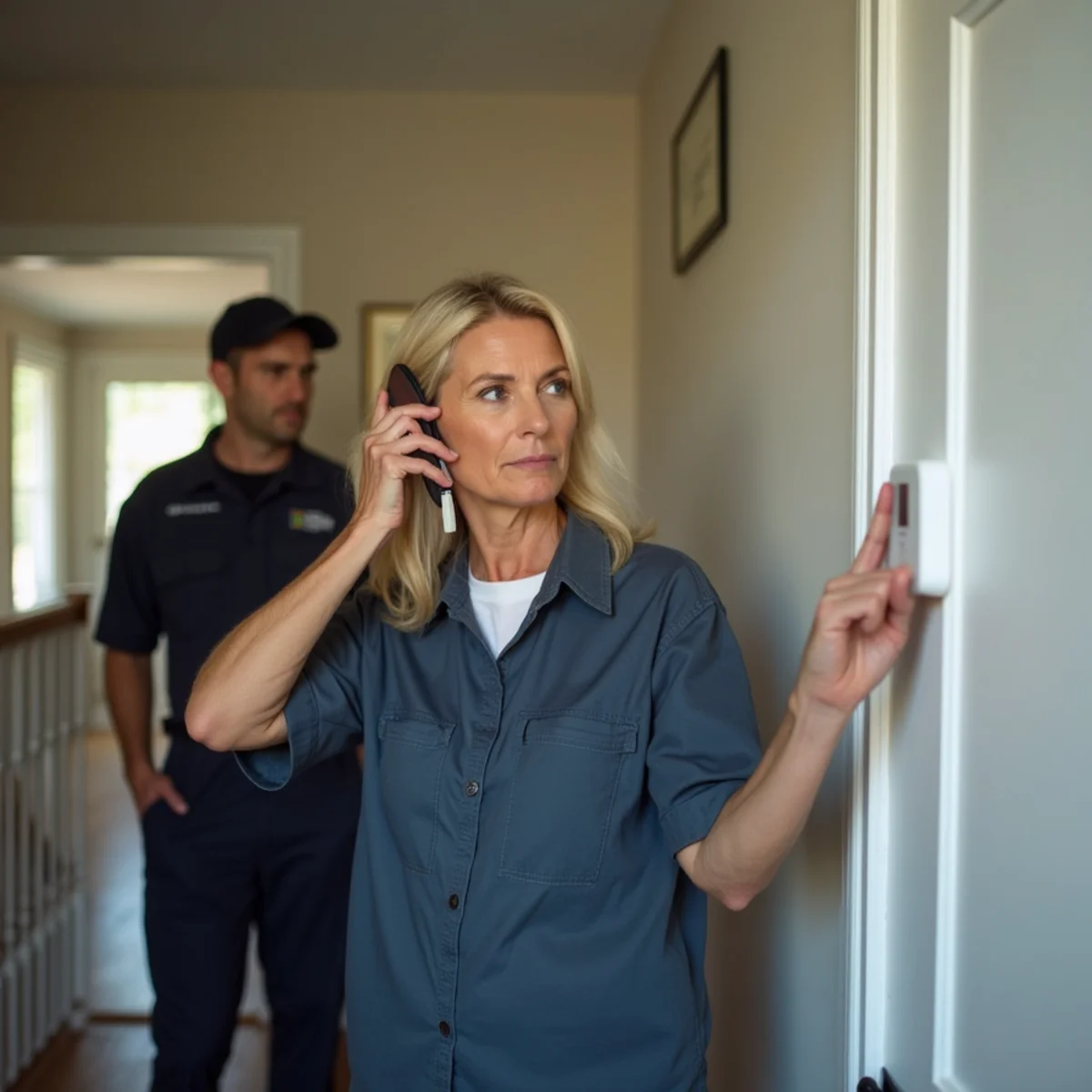 Kennesaw, GA homeowner on the phone at the hallway thermostat with an HVAC technician behind her