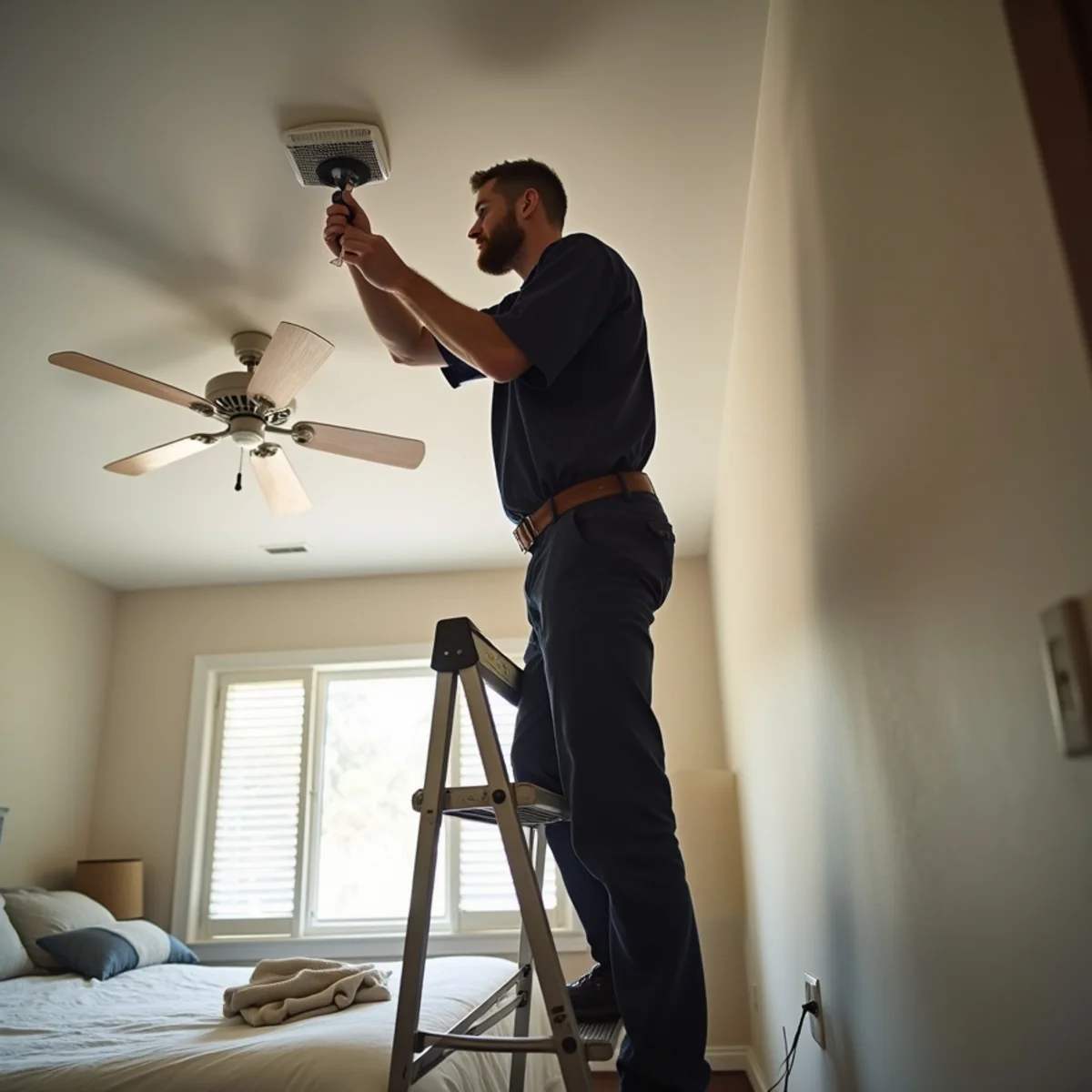 Technician measuring airflow at a ceiling supply register in an upstairs bedroom of a Kennesaw, GA home