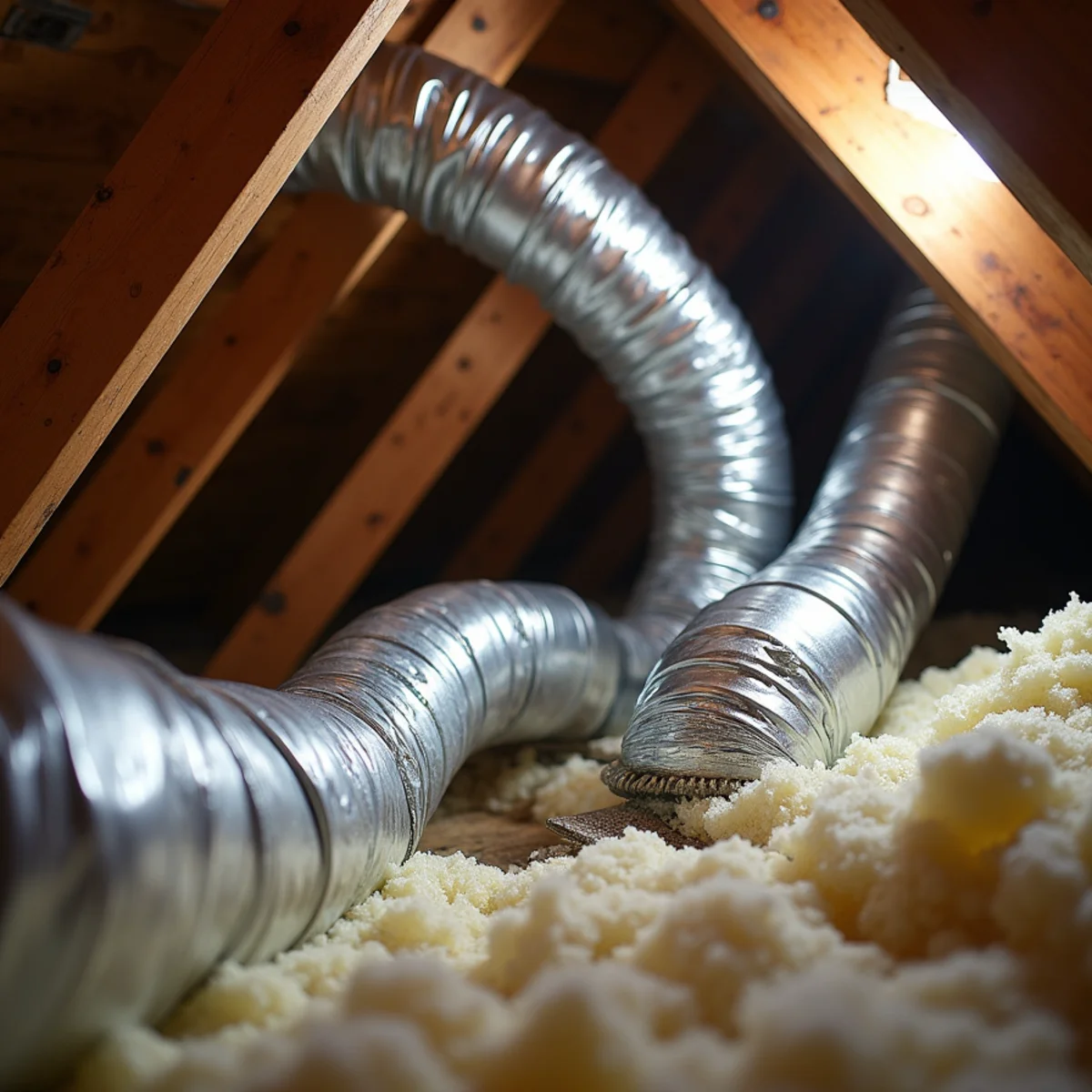Sagging and partly disconnected flex duct lying on insulation in a hot attic in Kennesaw, GA