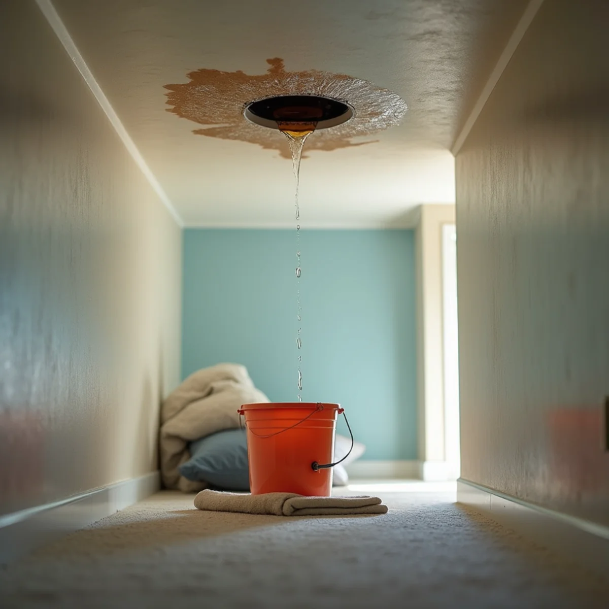 Water stain and drip on an upstairs hallway ceiling below an attic air handler in a Kennesaw, GA home