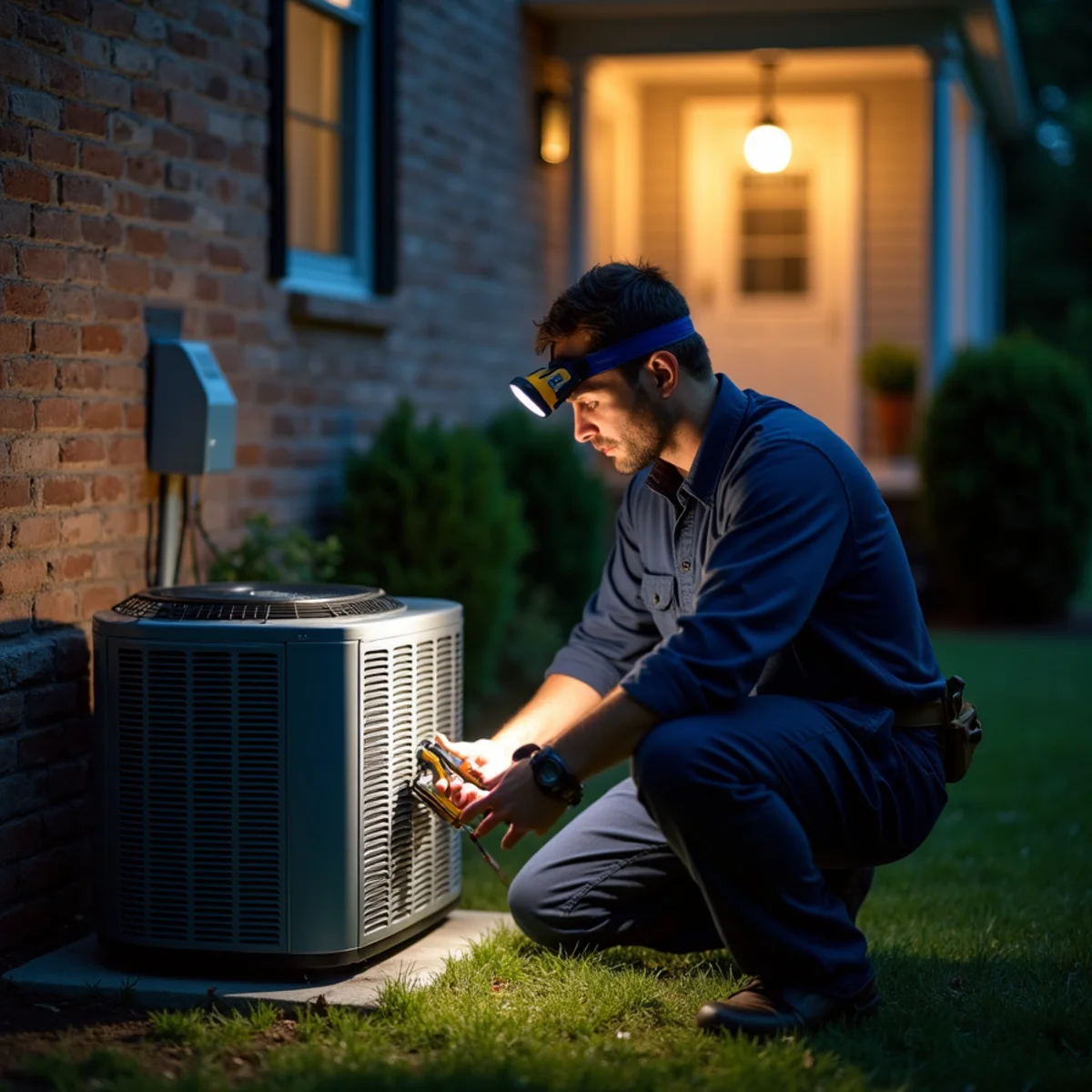 HVAC technician with a flashlight diagnosing an outdoor AC unit at night beside a two-story home in Kennesaw, GA