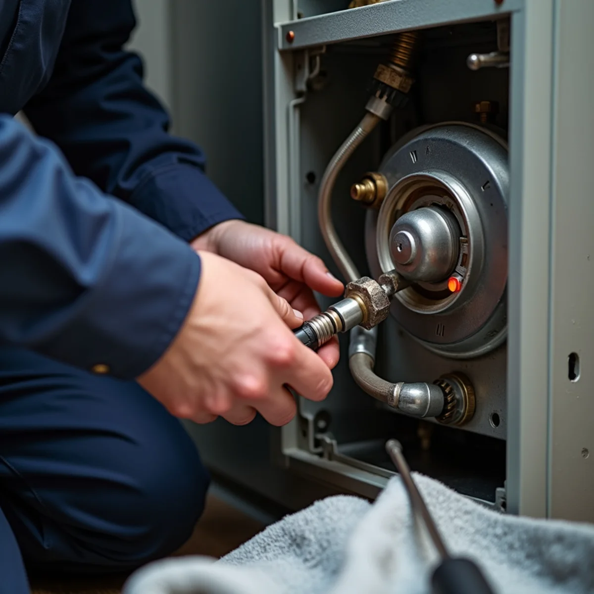 Close-up of a technician removing a furnace flame sensor during heating repair in Kennesaw, GA