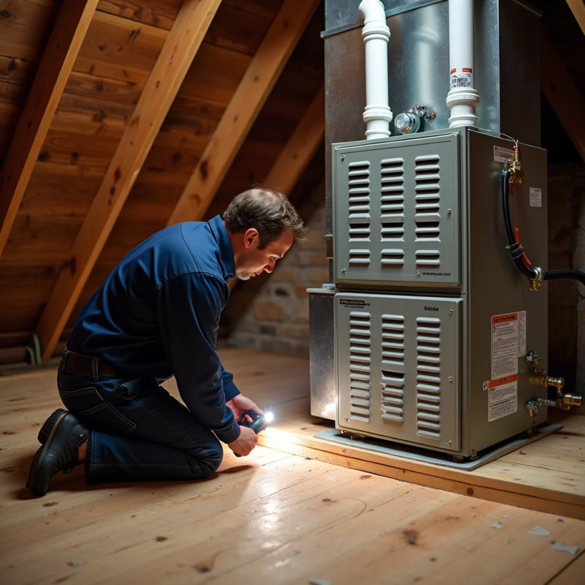 Horizontal gas furnace on a decked platform in the attic of a two-story Kennesaw, GA home