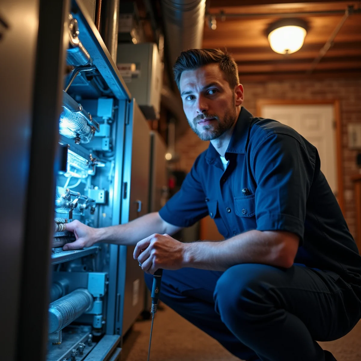 Technician inspecting the burners of a gas furnace in a Kennesaw, GA home