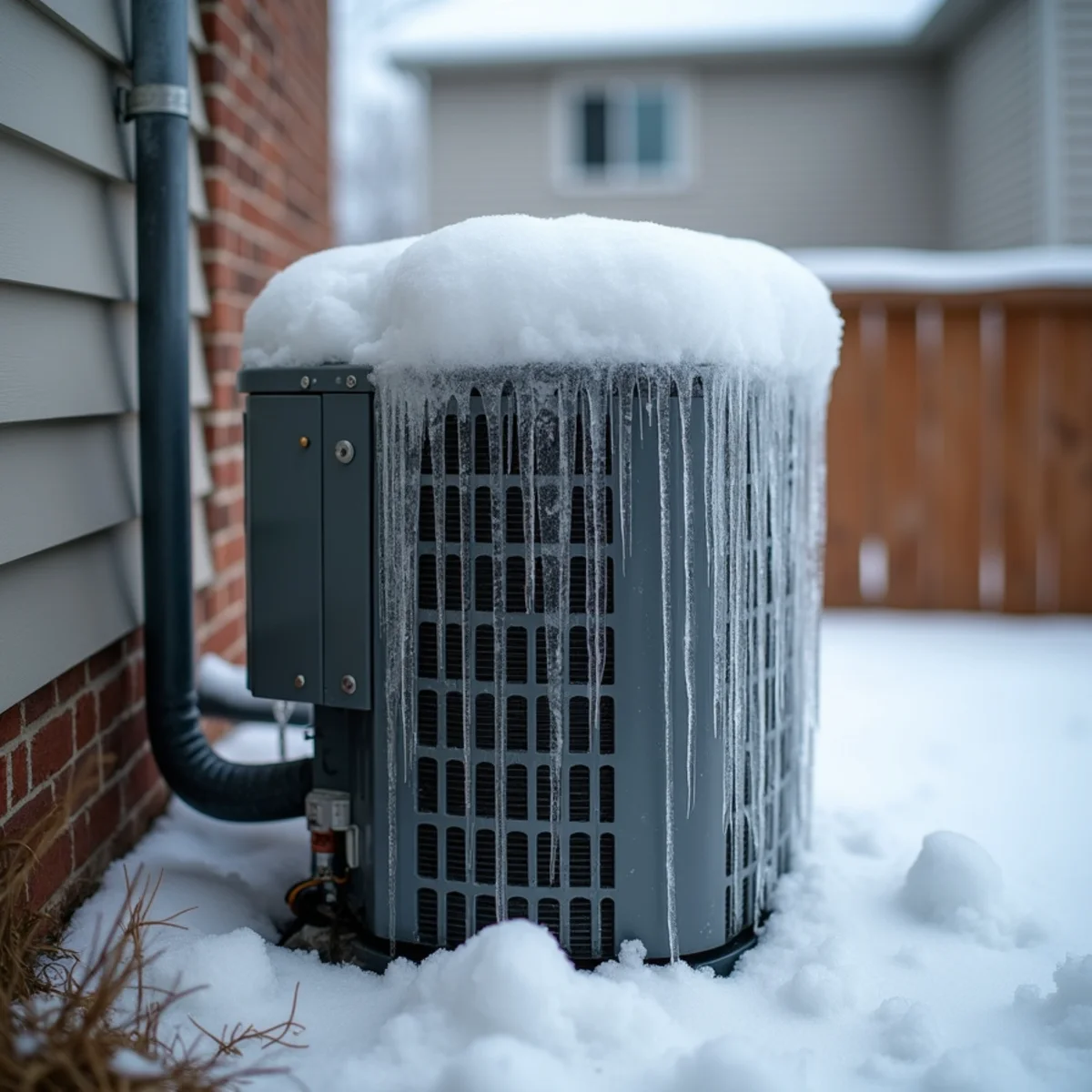 Heat pump outdoor coil covered in ice during a winter cold snap in Kennesaw, GA