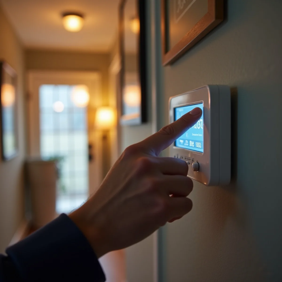 Homeowner adjusting a heat pump thermostat showing auxiliary heat in a Kennesaw, GA townhome