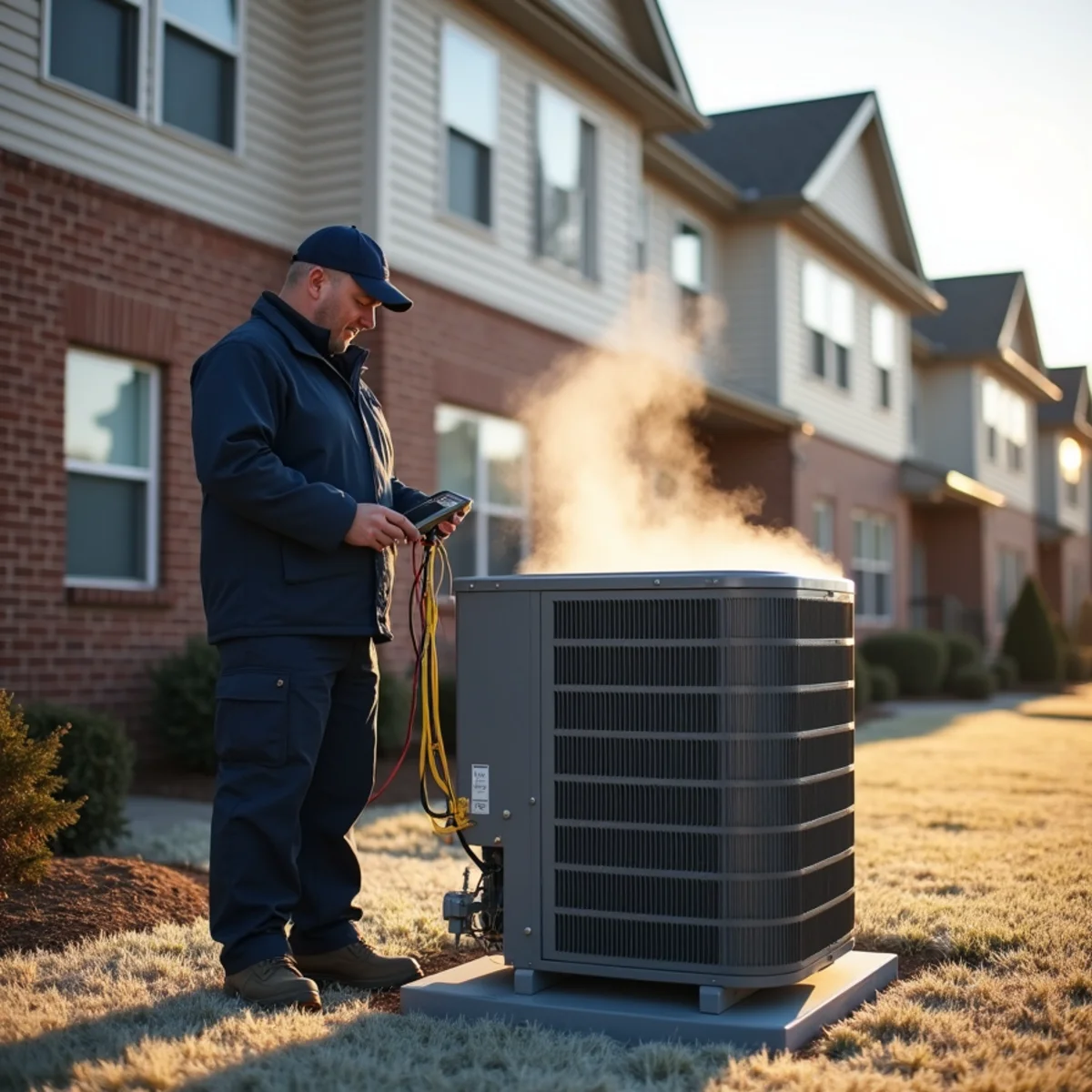Heat pump outdoor unit behind a row of townhomes in Kennesaw, GA on a frosty morning