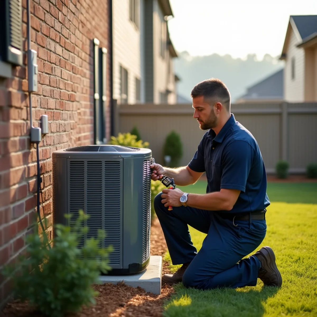 HVAC technician checking an outdoor AC condenser beside a two-story home in Kennesaw, GA