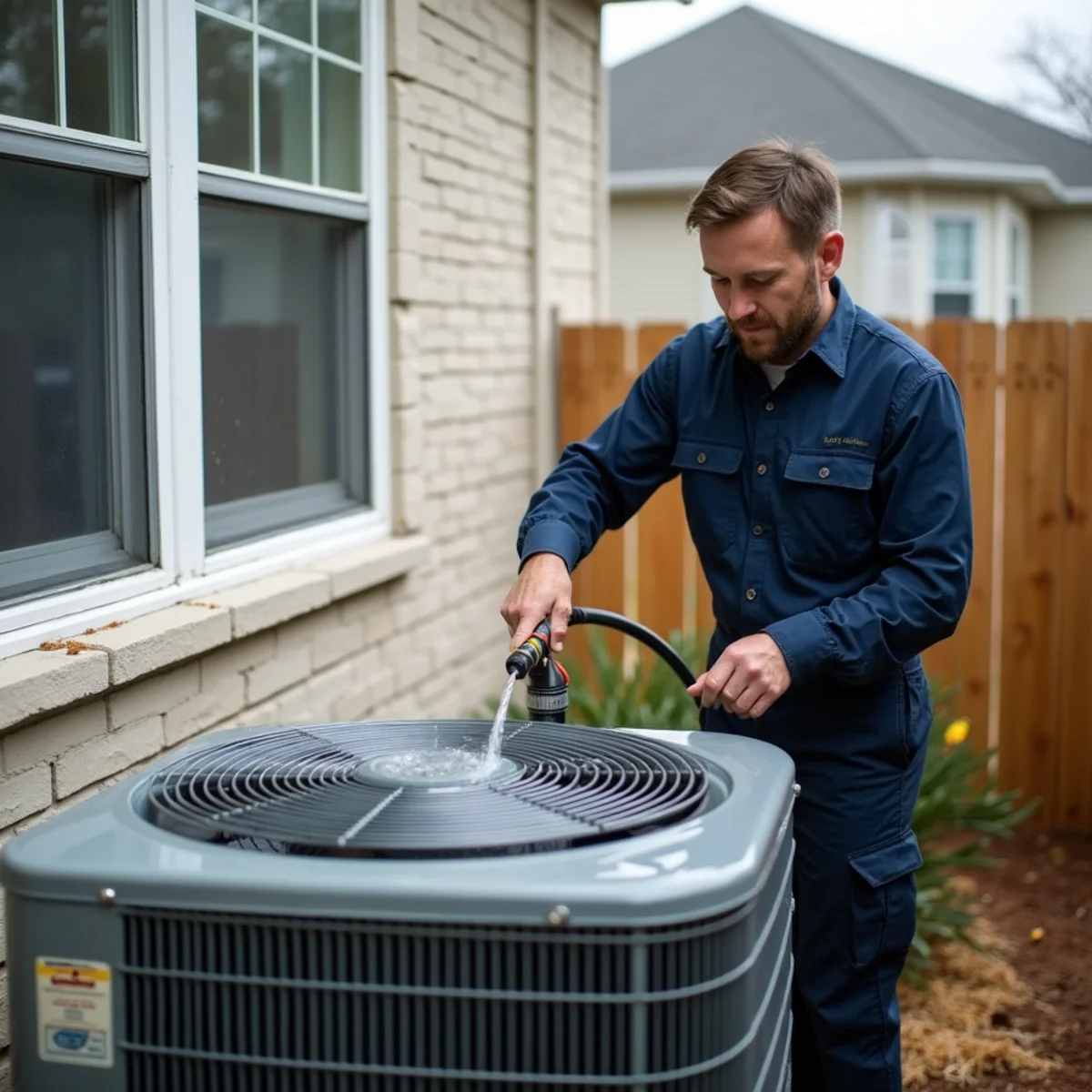 HVAC technician rinsing a pollen-coated condenser coil with low-pressure water beside a Kennesaw, GA home