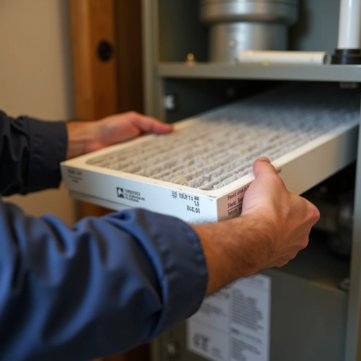 Homeowner sliding a 4-inch pleated media filter out of the filter cabinet beside a gas furnace in a Kennesaw, GA home