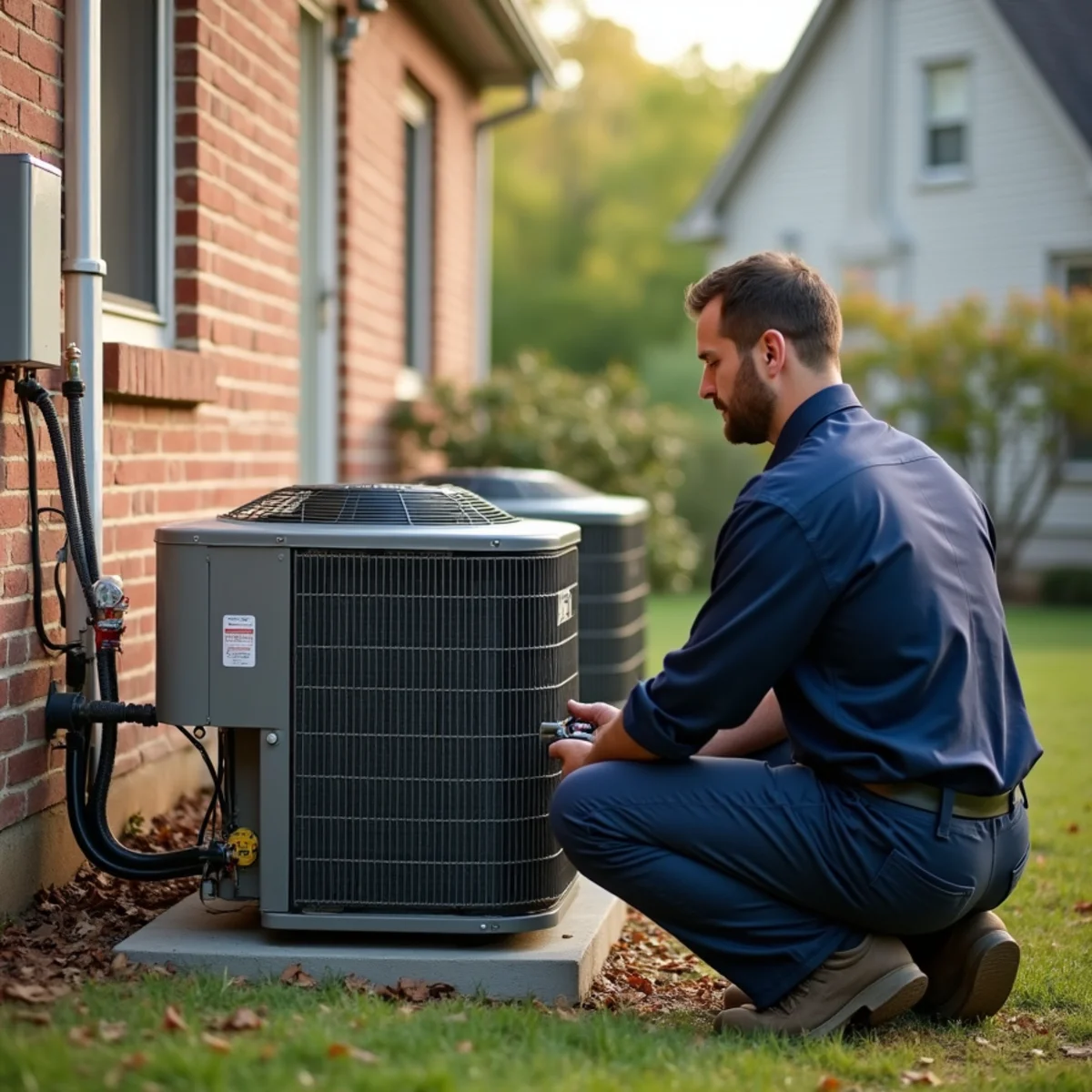 Technician reading refrigerant gauges on an outdoor AC unit during a spring tune-up at a two-story home in Kennesaw, GA