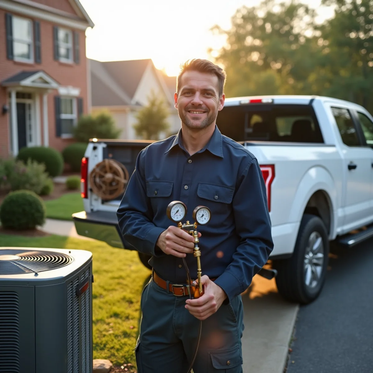 HVAC technician loading service equipment into a truck outside a Kennesaw, GA home