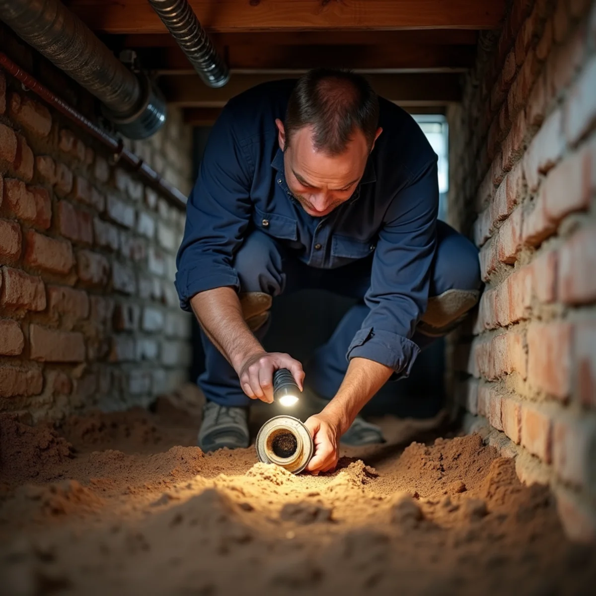 HVAC technician inspecting sweating crawl space ductwork under an older lakeside home in Acworth, GA