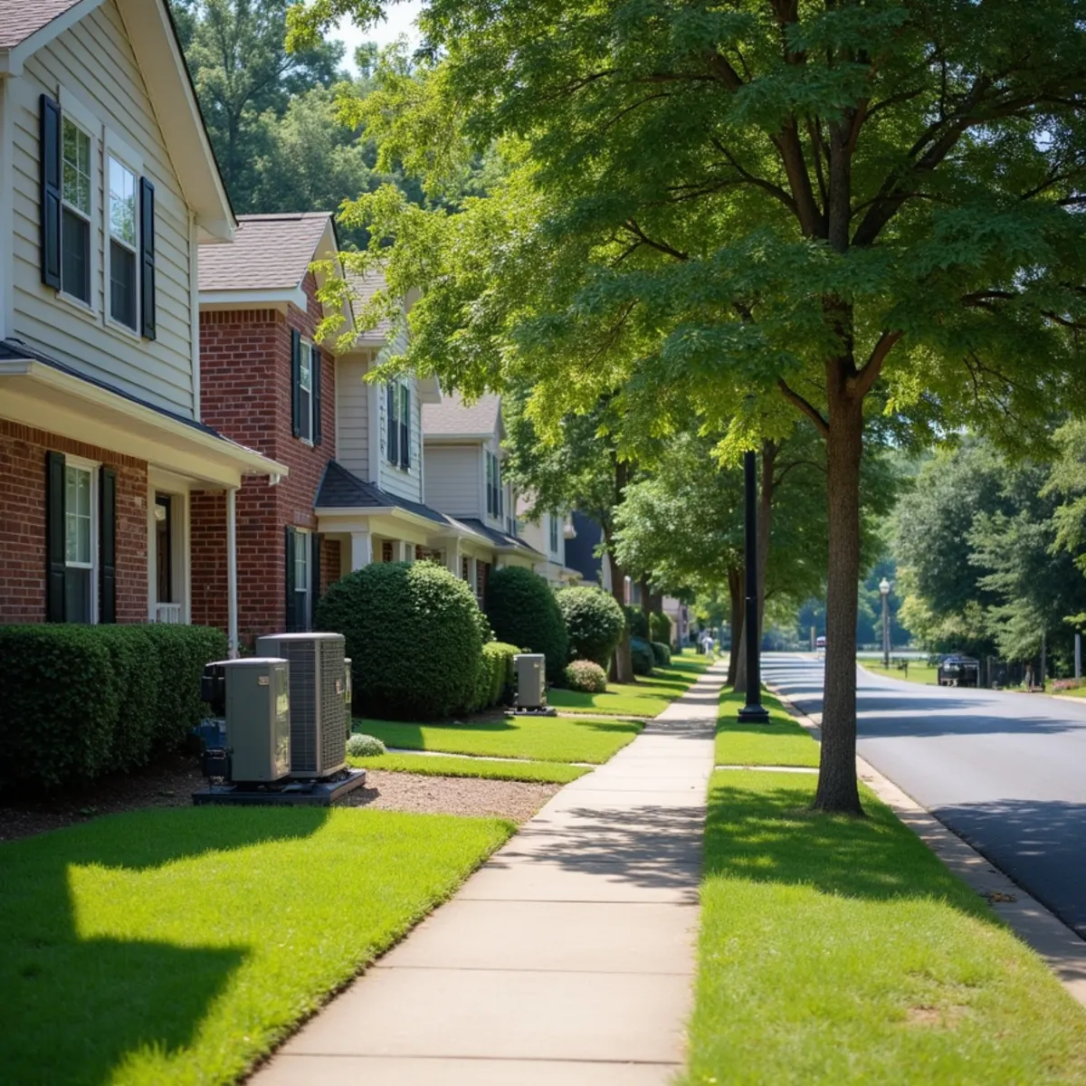 Tree-lined Acworth, GA neighborhood street near the lake with two-story homes and outdoor AC units