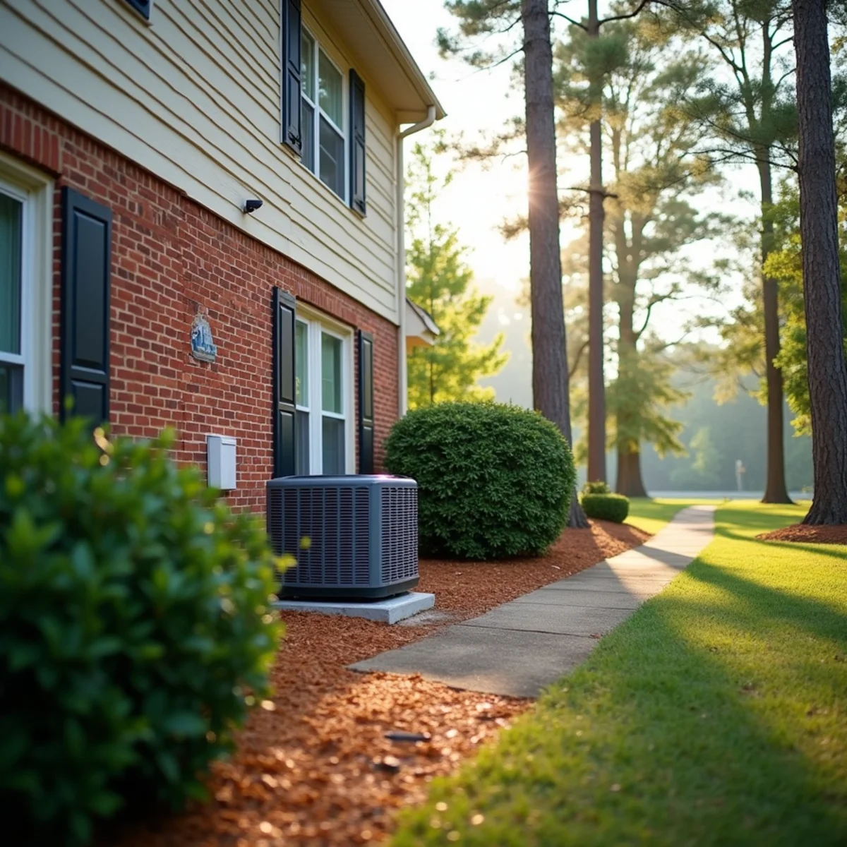 Two-story subdivision home near Lake Acworth with an outdoor AC condenser beside the house