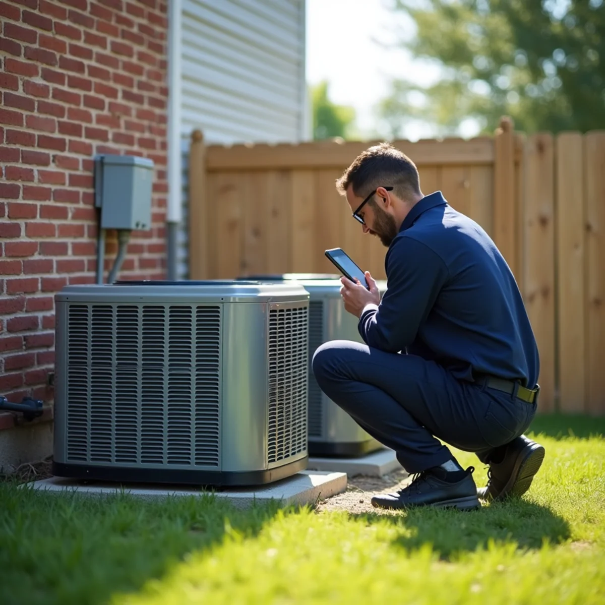 Technician reading the data plate on one of two outdoor AC units at a 2005 home in Canton, GA