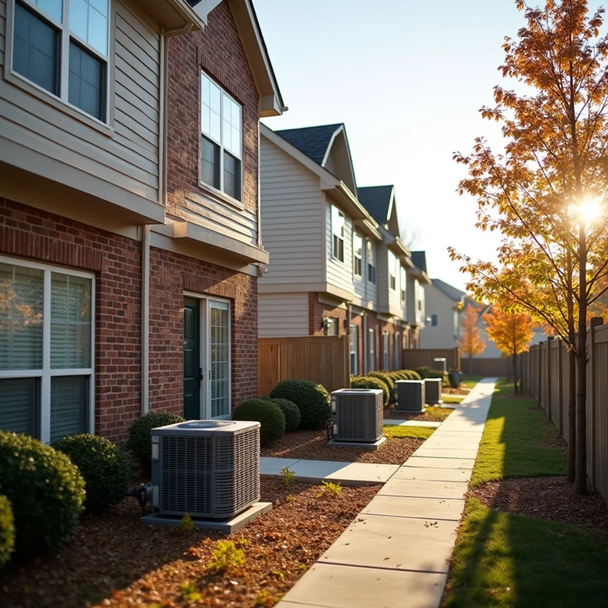 Row of townhomes with heat pumps near Riverstone Parkway in Canton, GA