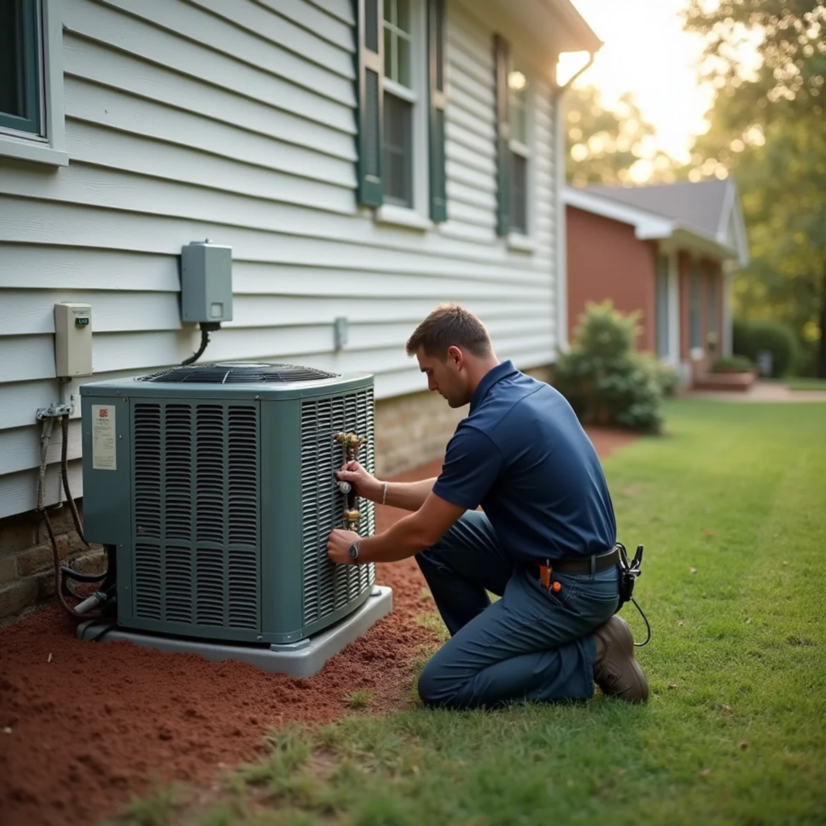Technician connecting refrigerant gauges to an older outdoor AC unit beside a 2000s home in Dallas, GA