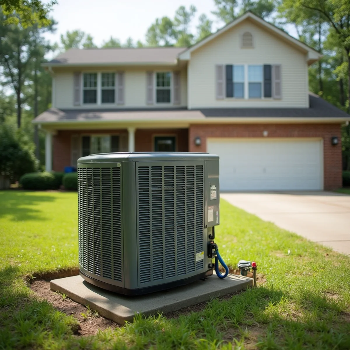 2000s-built two-story subdivision home in Dallas, GA with its original outdoor AC unit