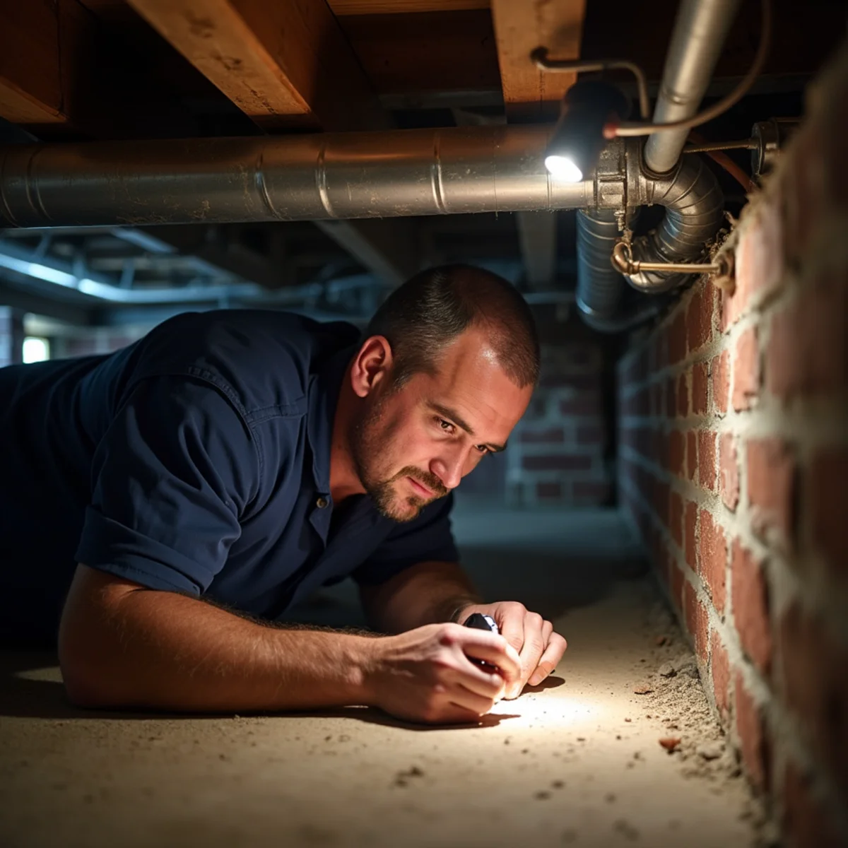 Technician inspecting ductwork with a flashlight in the tight crawl space of a historic Marietta, GA home