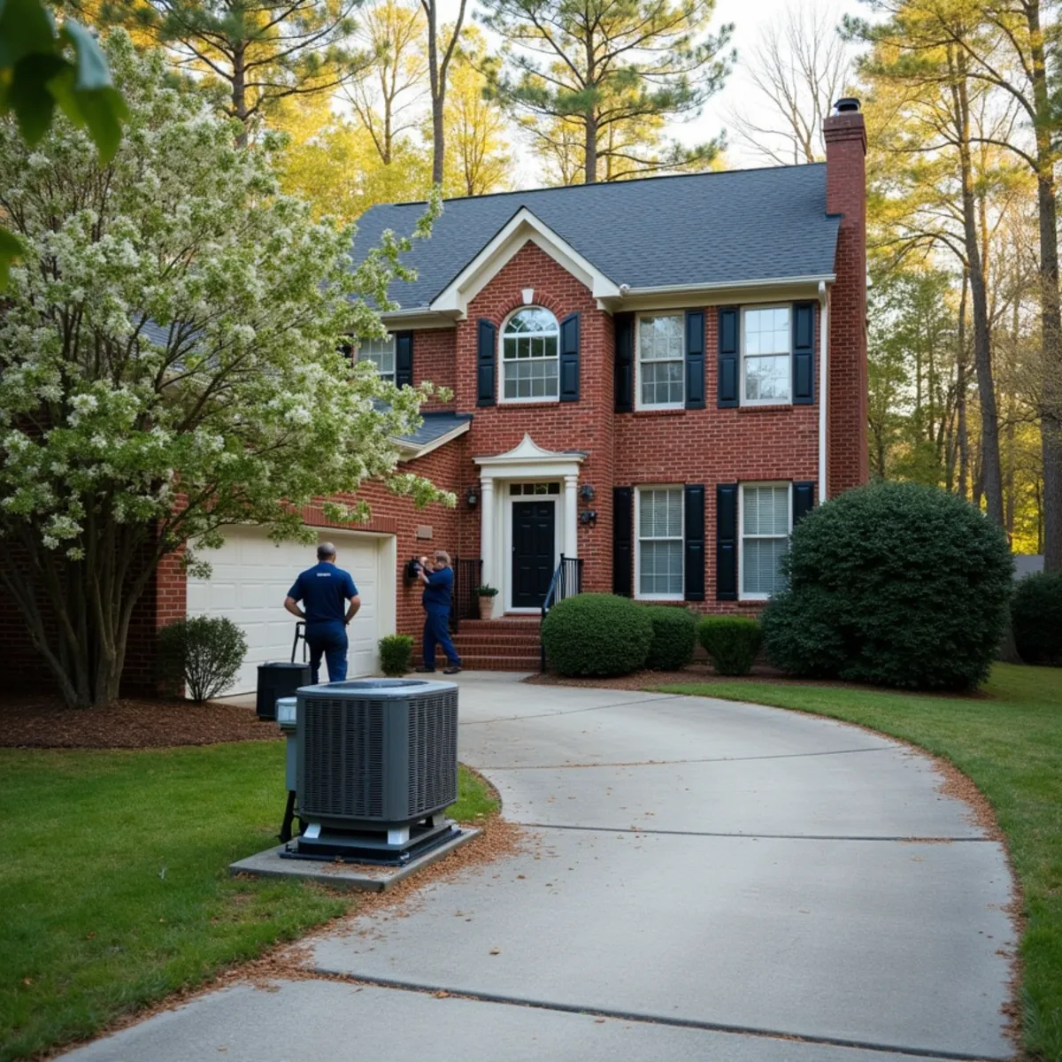 1980s two-story East Cobb home near Marietta, GA with an outdoor air conditioner beside the driveway