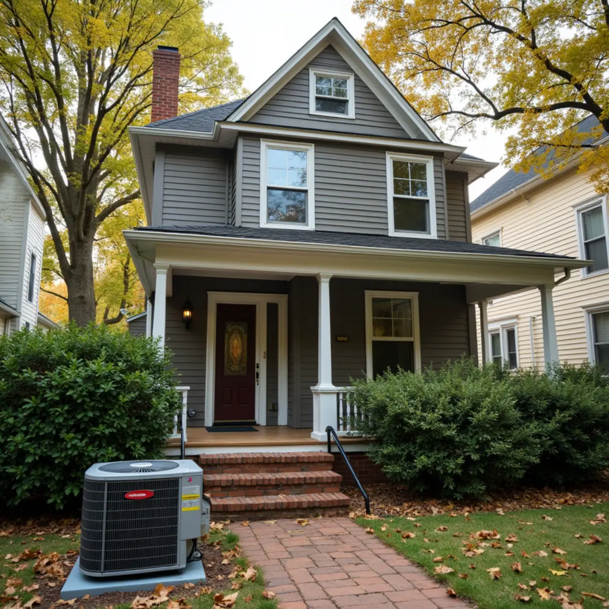 Historic two-story house near Marietta Square with a modern AC condenser screened by shrubs