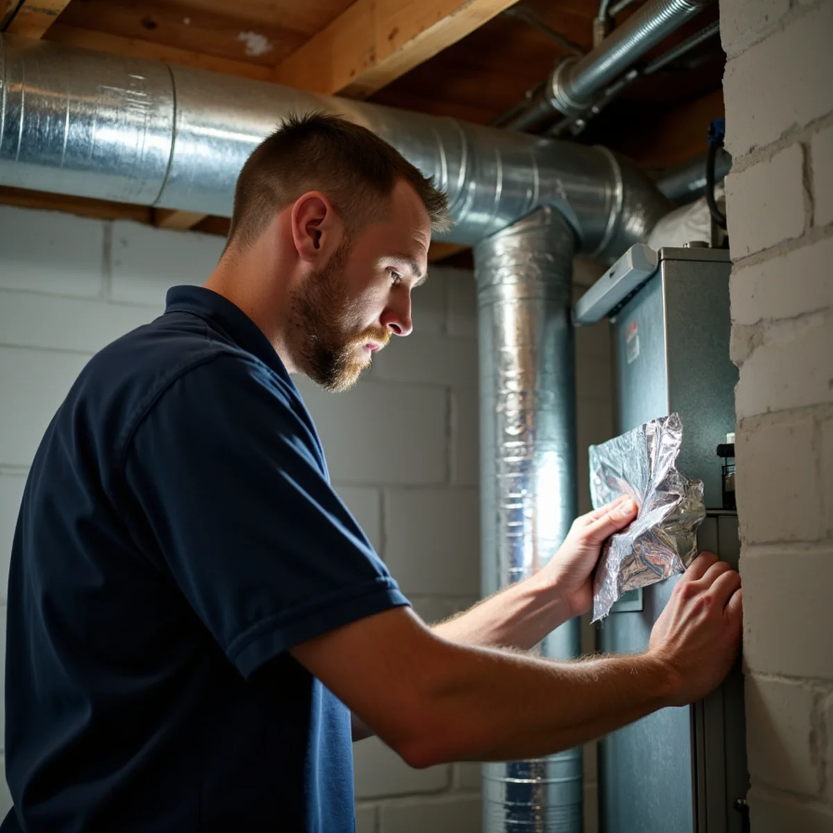 HVAC technician inspecting original ductwork and an aging gas furnace in a Powder Springs, GA home