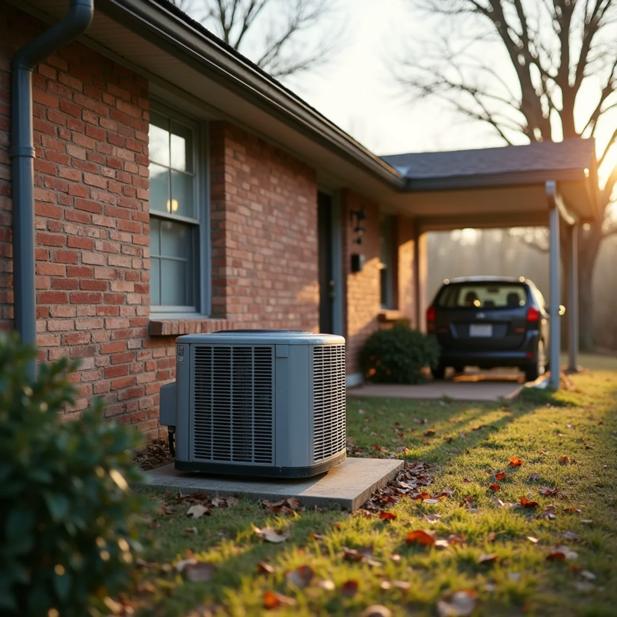 1980s brick ranch home in Powder Springs, GA with an aging AC condenser beside the foundation