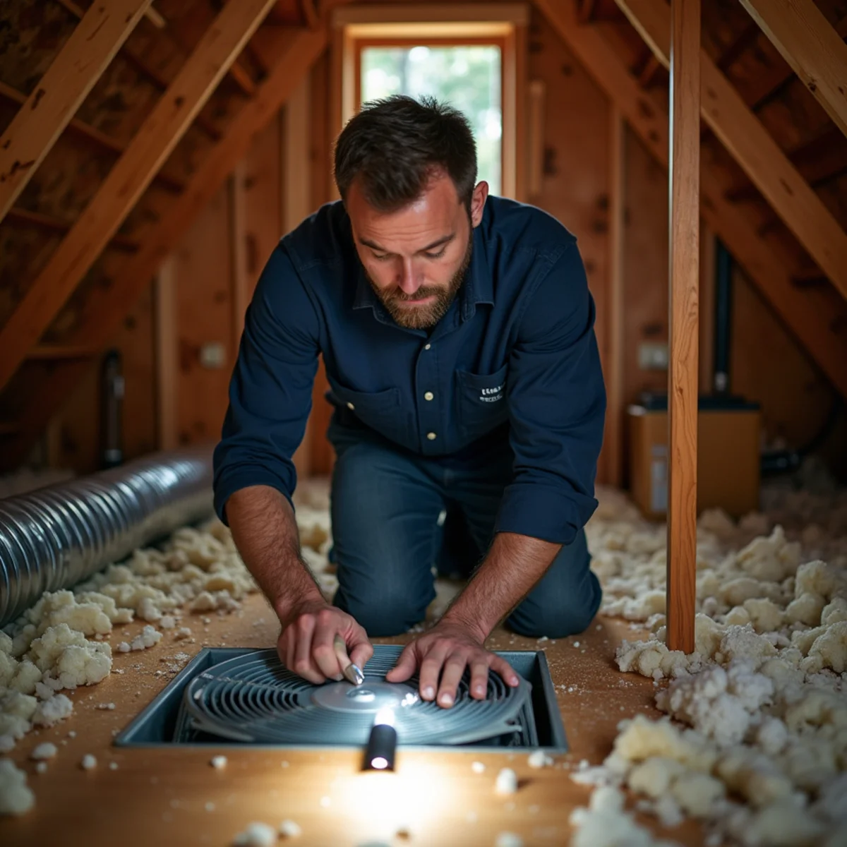 Technician checking a ceiling supply register from the attic of a two-system home in Woodstock, GA