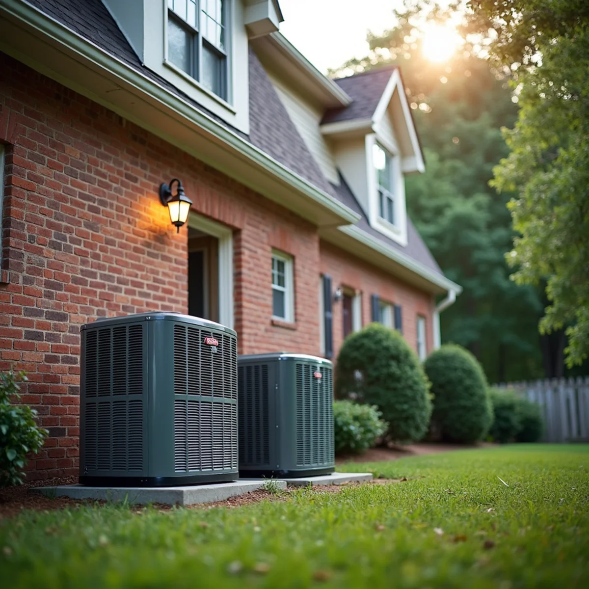 Two-story Towne Lake home in Woodstock, GA with two outdoor AC condensers side by side