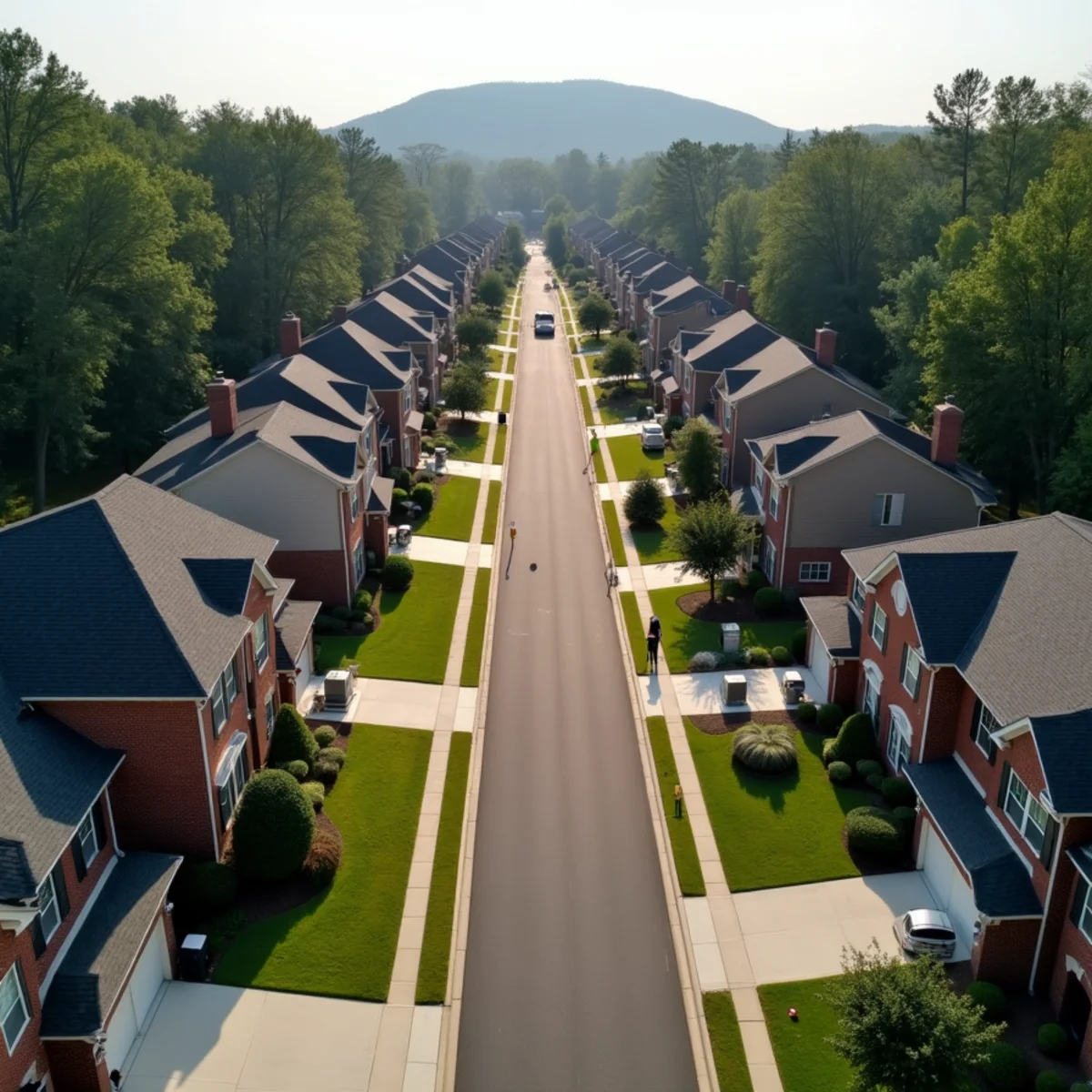 Two-story subdivision homes in Kennesaw, Cobb County, GA with Kennesaw Mountain in the distance